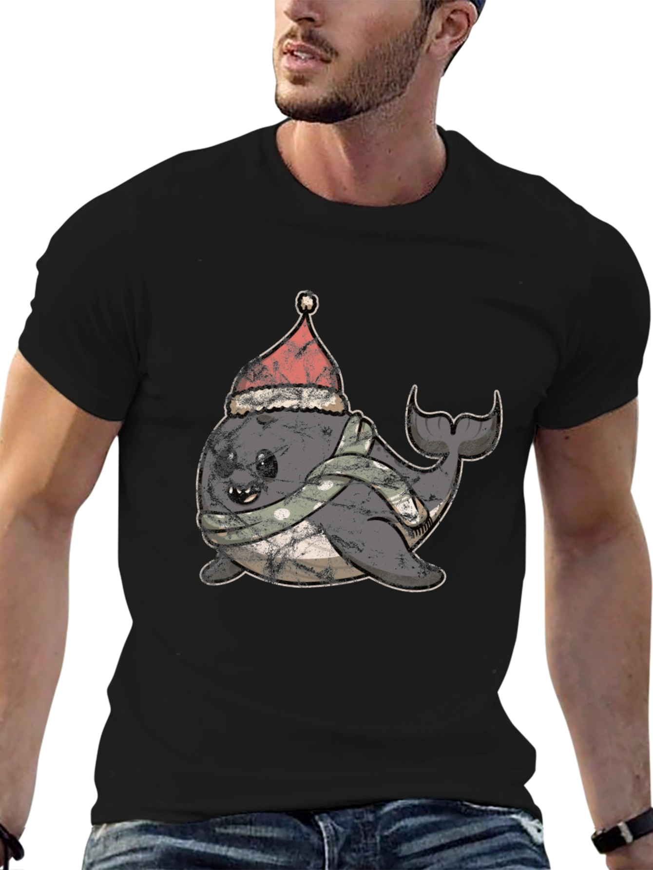 Black Festive Narwhal T-Shirt - Holiday Fun view 6
