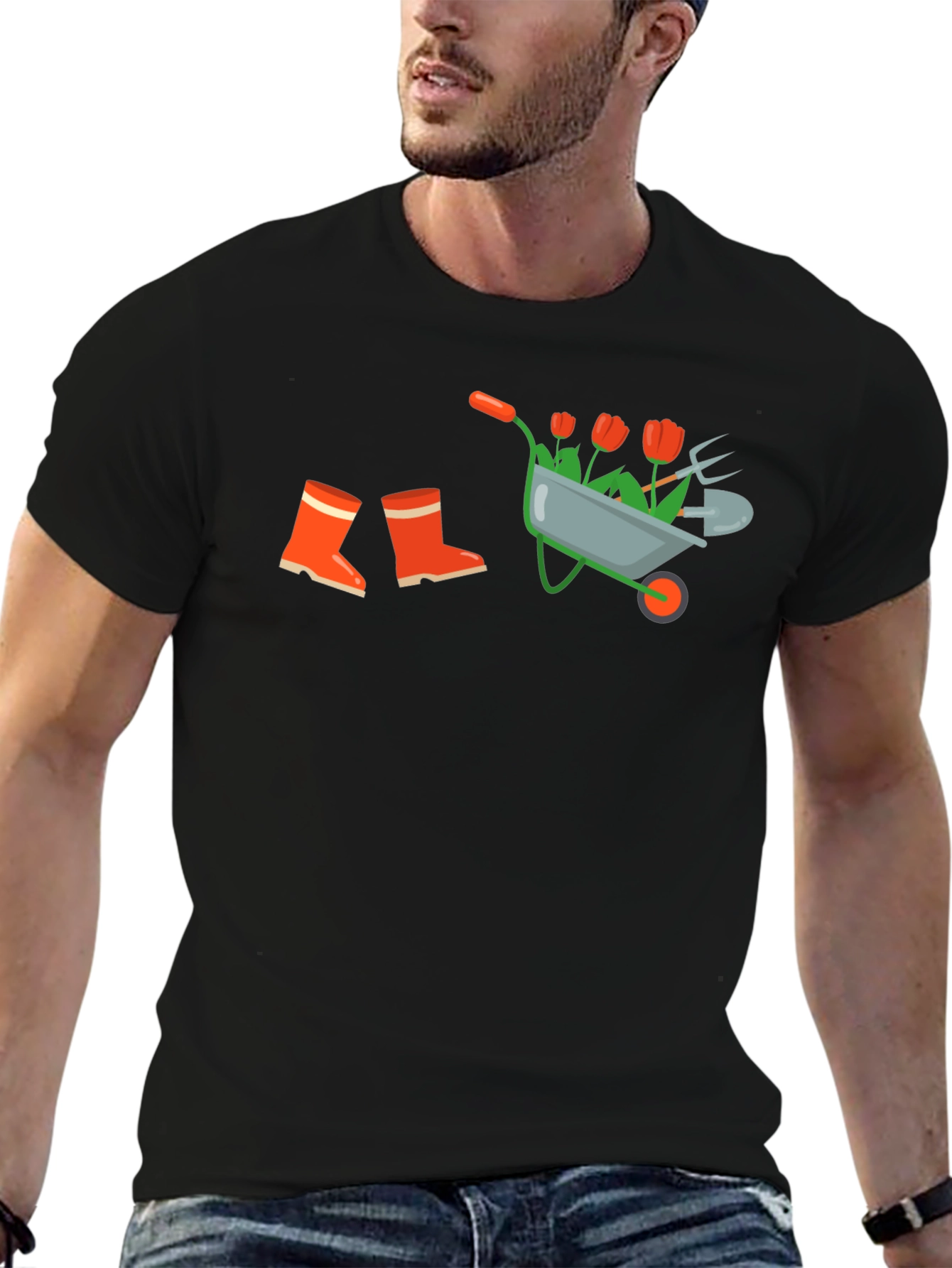 Black Gardening T-Shirt: Wheelbarrow, Boots & Tools Design view 6