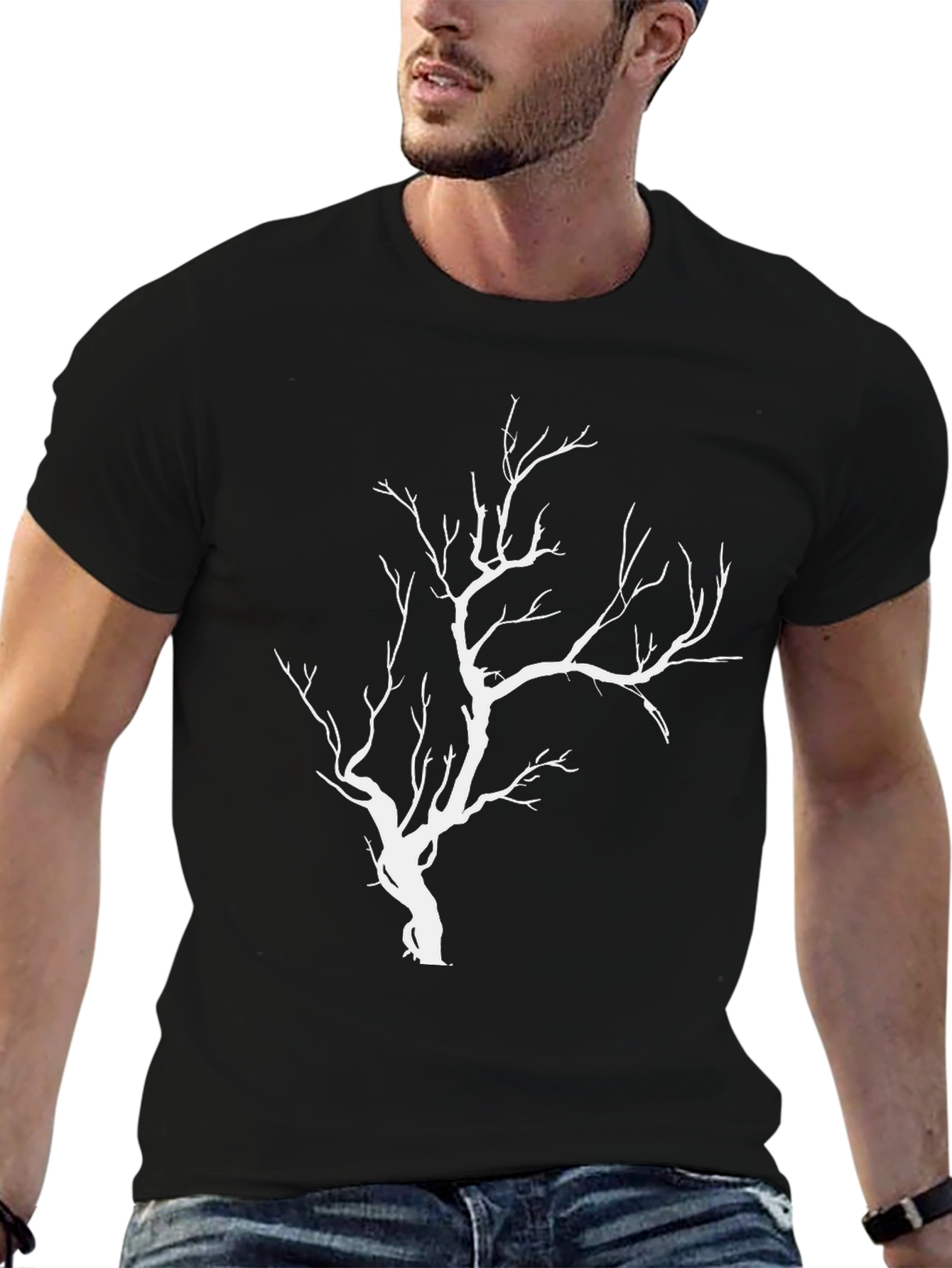 Black Men's Black T-Shirt with White Tree Graphic view 6