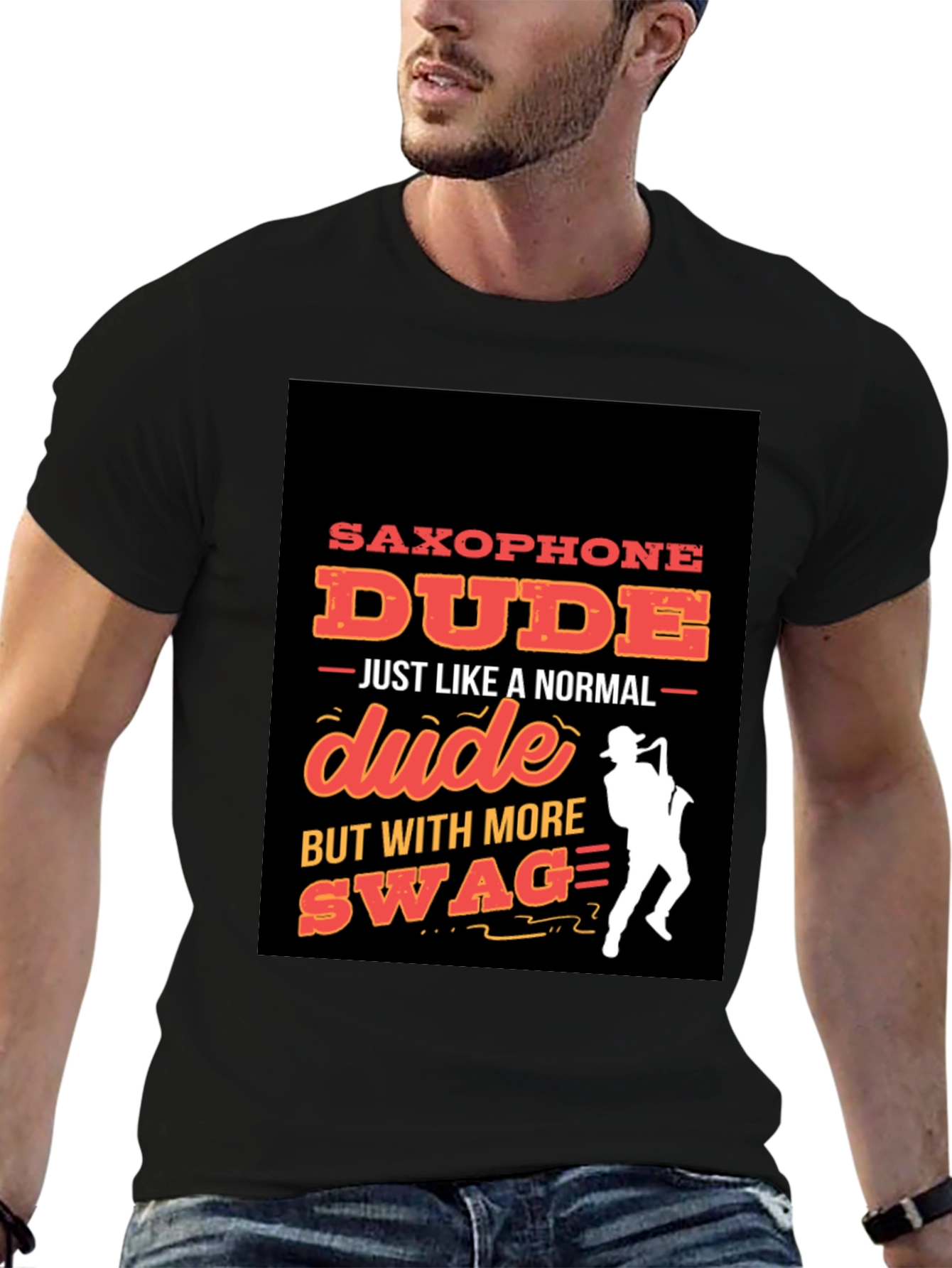 Black Saxophone Dude Graphic T-Shirt - Swag Style! view 6