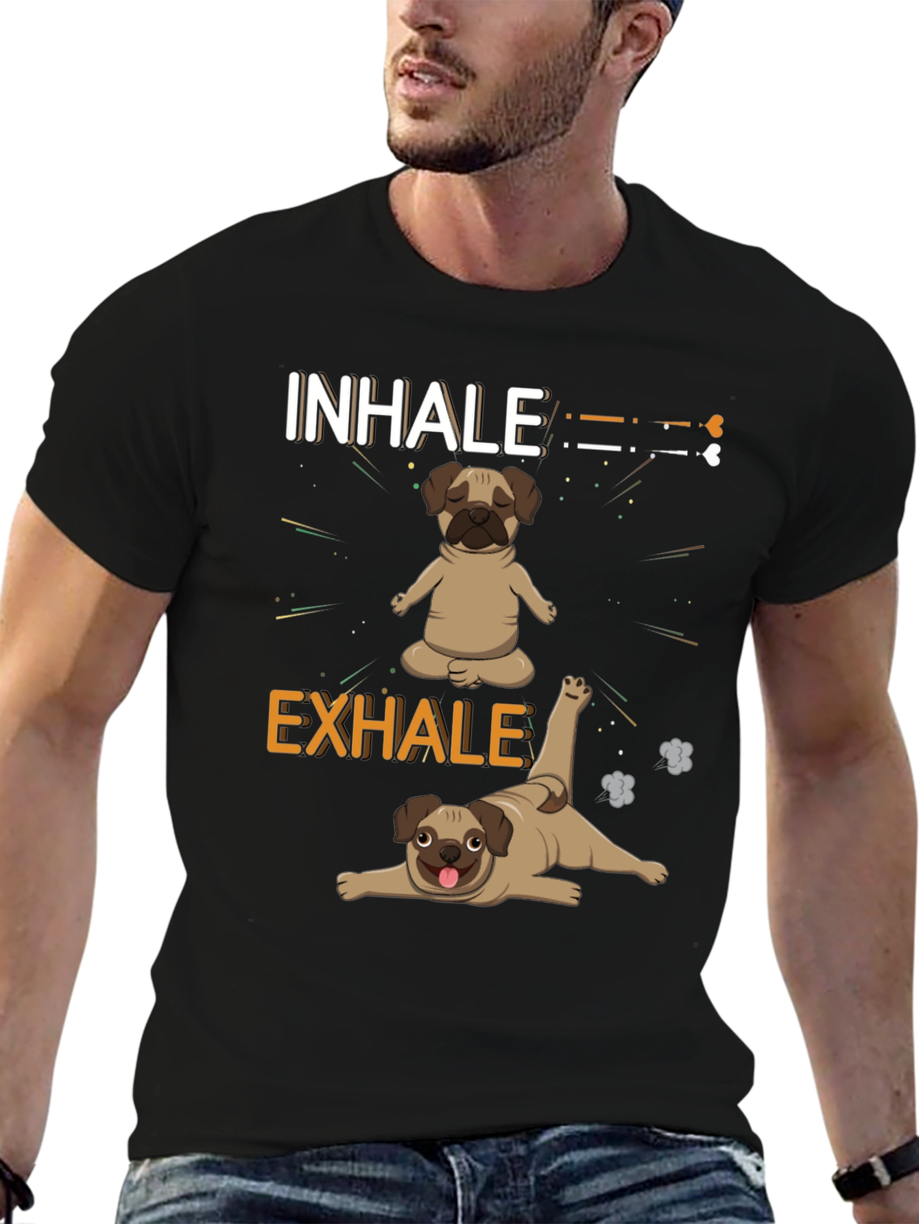 Black Yoga Pug T-Shirt: Inhale Exhale Funny Dog Tee view 6