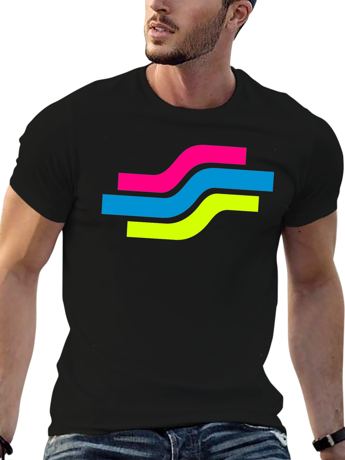 Black Retro Wave Graphic Tee - Black Cotton Blend T-Shirt view 6