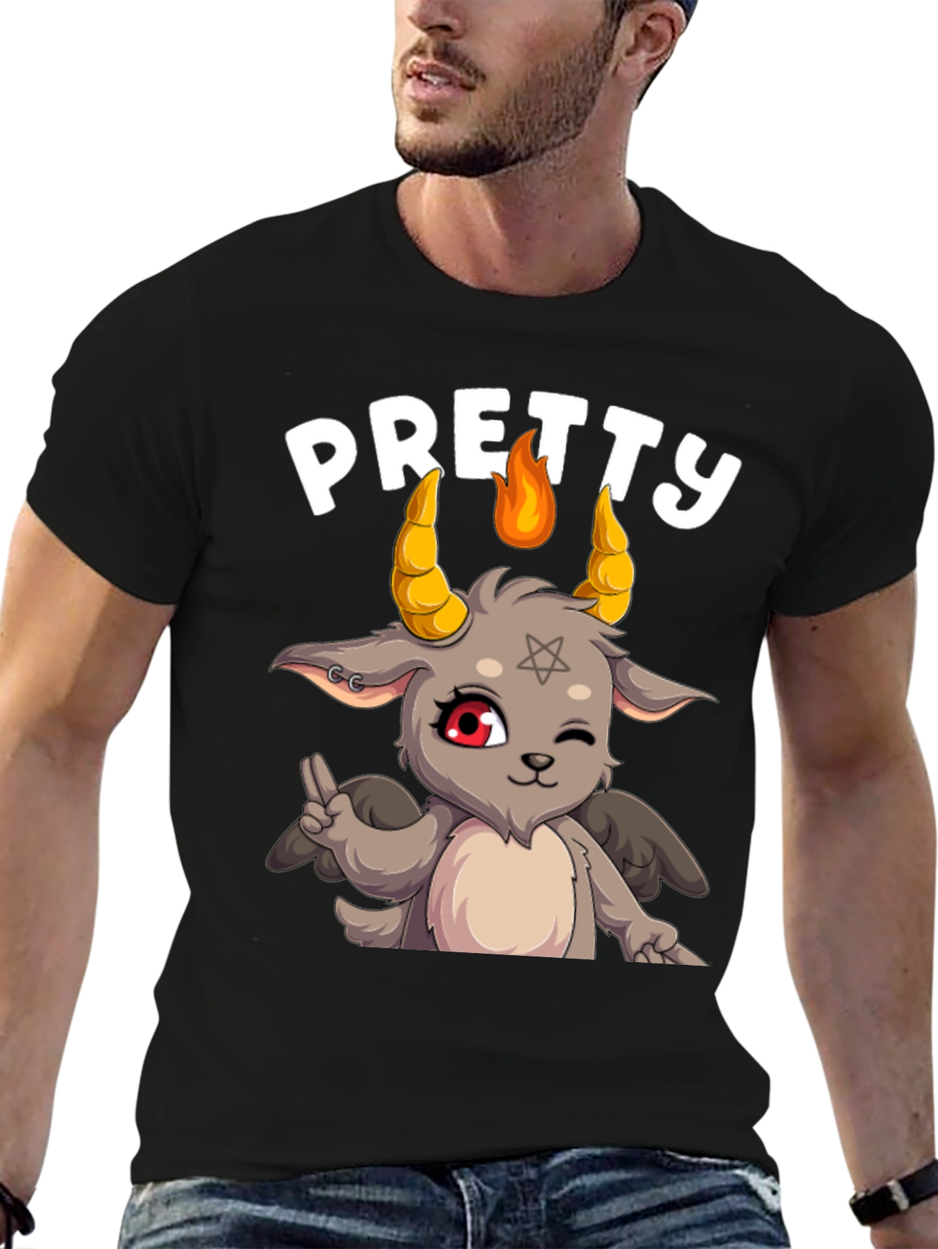 Black Pretty Baphomet Graphic Tee - Cute Satanic Goat T-Shirt view 6