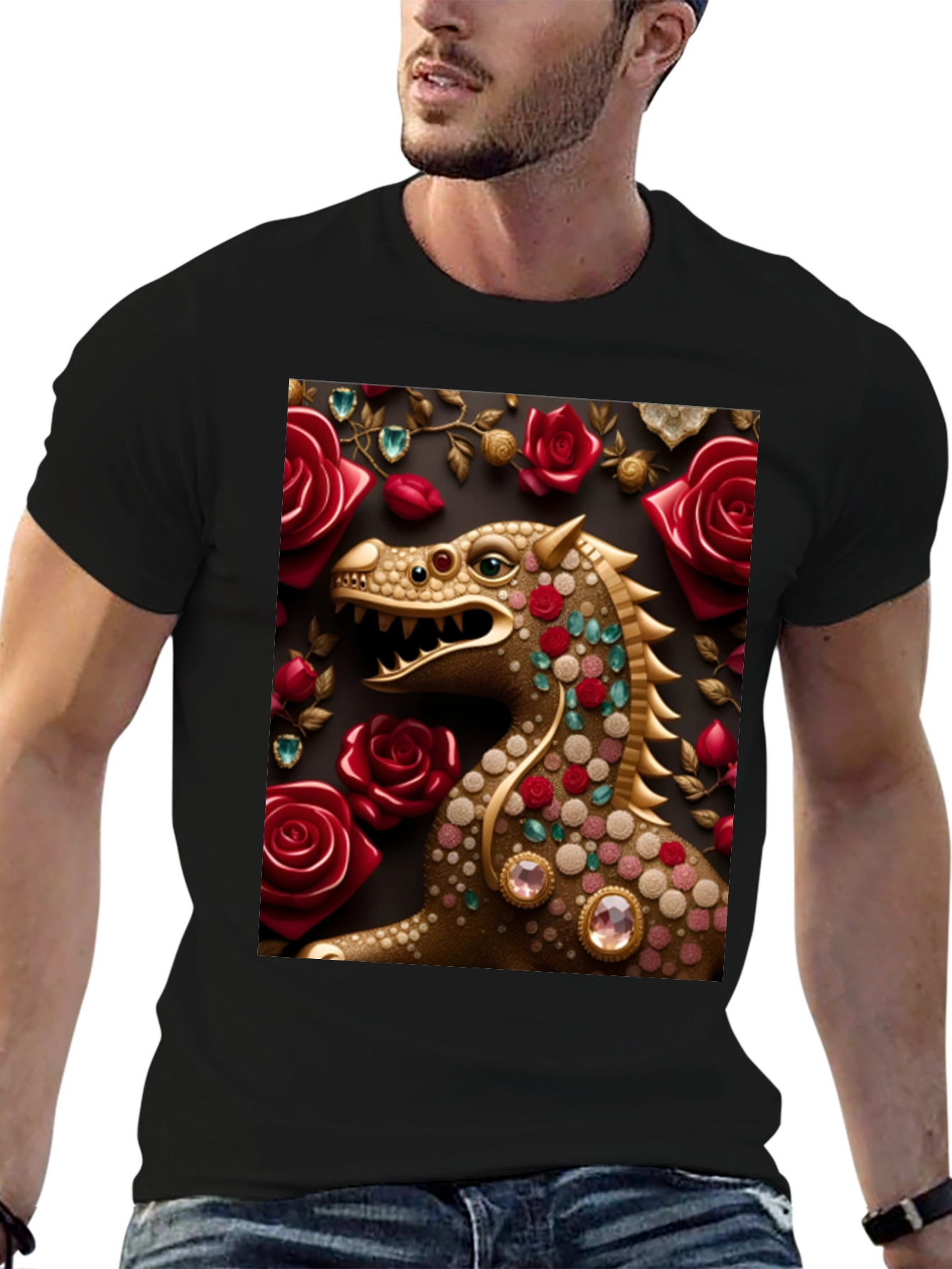 Black Dragon and Roses Graphic T-Shirt view 6