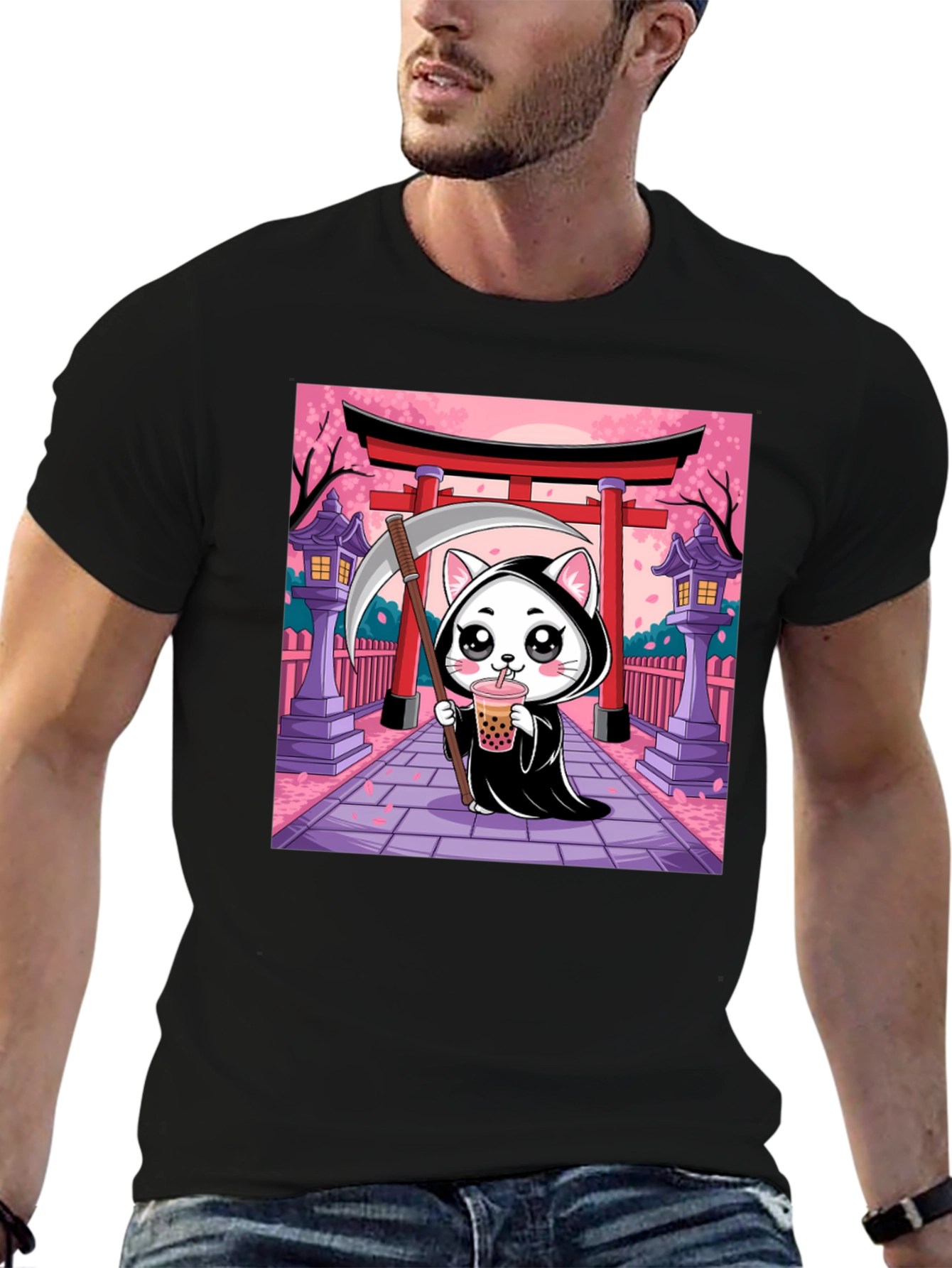 Black Kawaii Grim Reaper Cat T-Shirt view 6