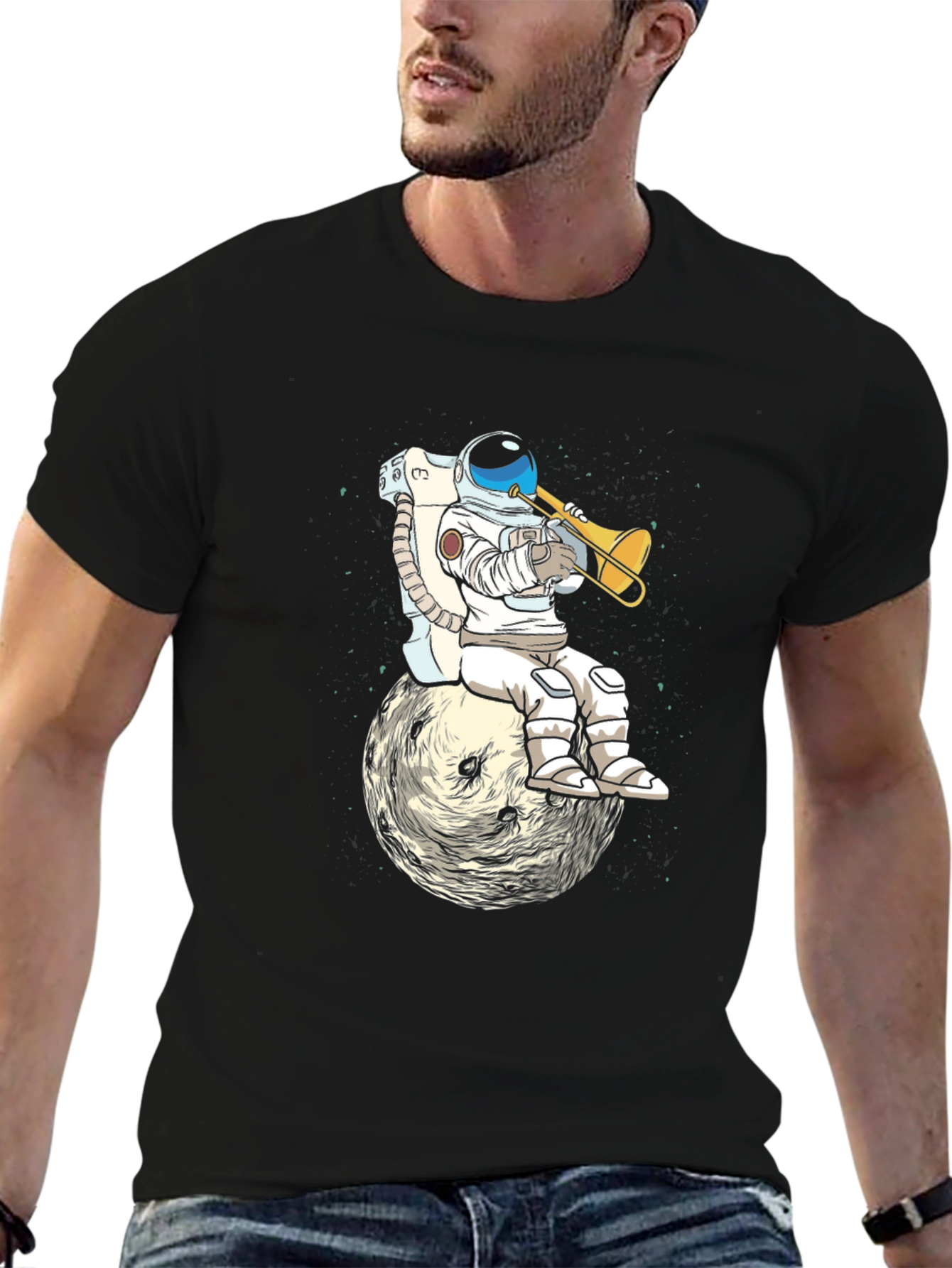 Black Astronaut Trumpet Player Unisex T-Shirt view 6