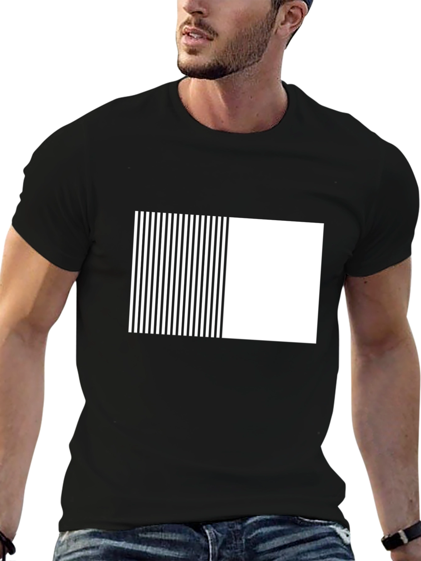 Black Modern Black Tee with Geometric Stripe Block Design view 6