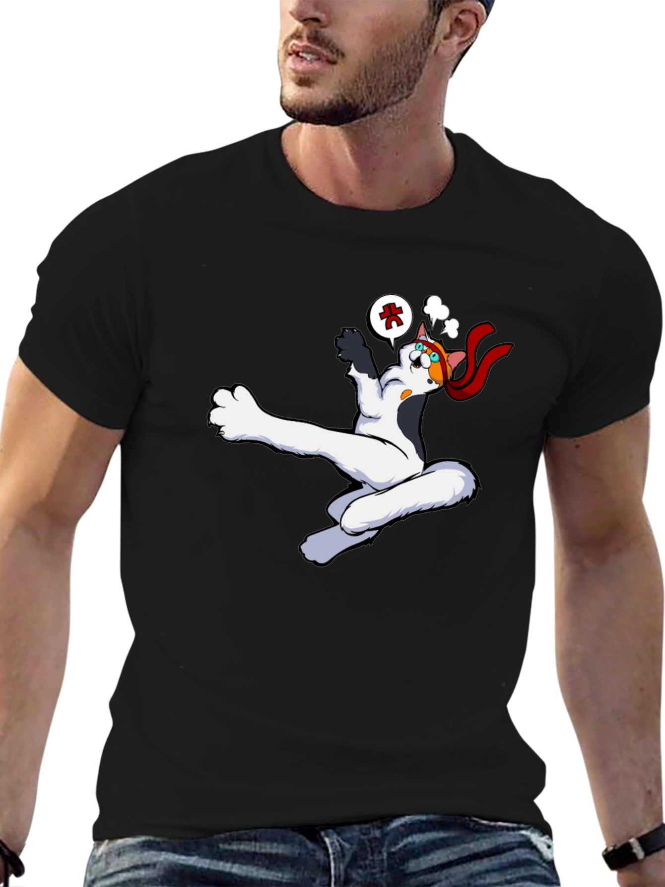 Black Funny Cartoon Cat Black T-Shirt view 6