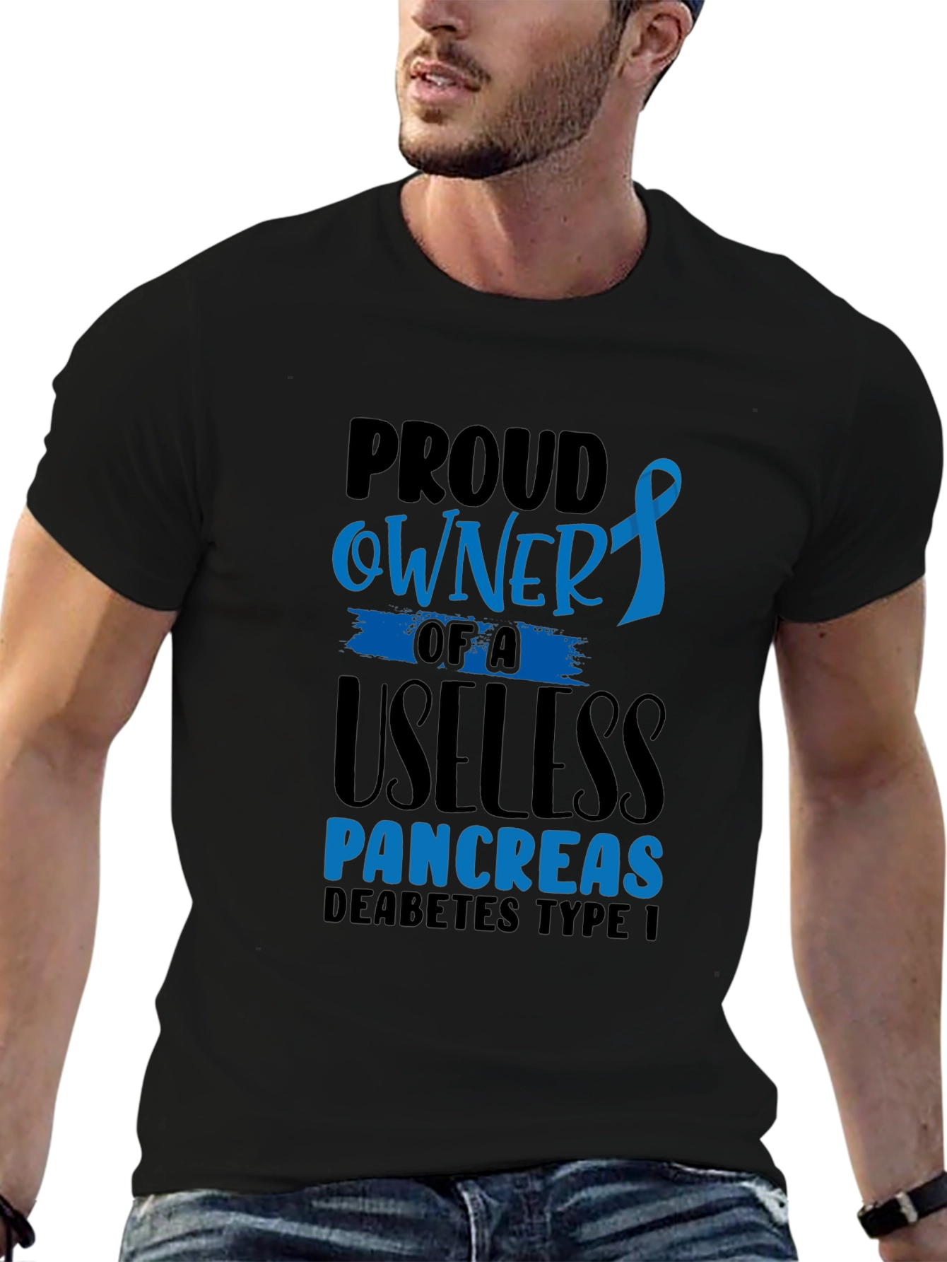 Black Proud Owner Useless Pancreas Diabetes Type 1 T-Shirt view 6