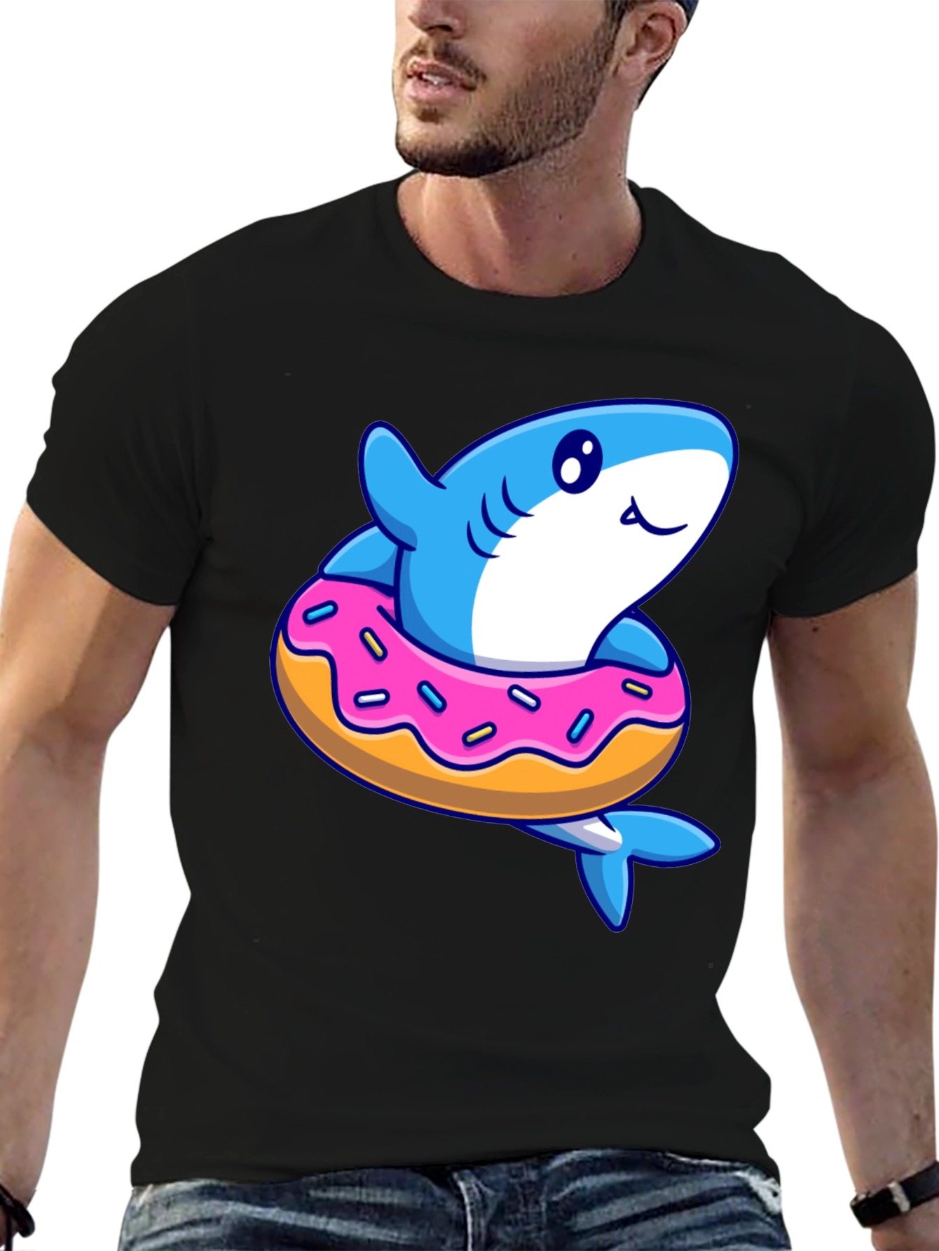 Black Shark Donut T-Shirt - Fun Cartoon Graphic Tee view 6