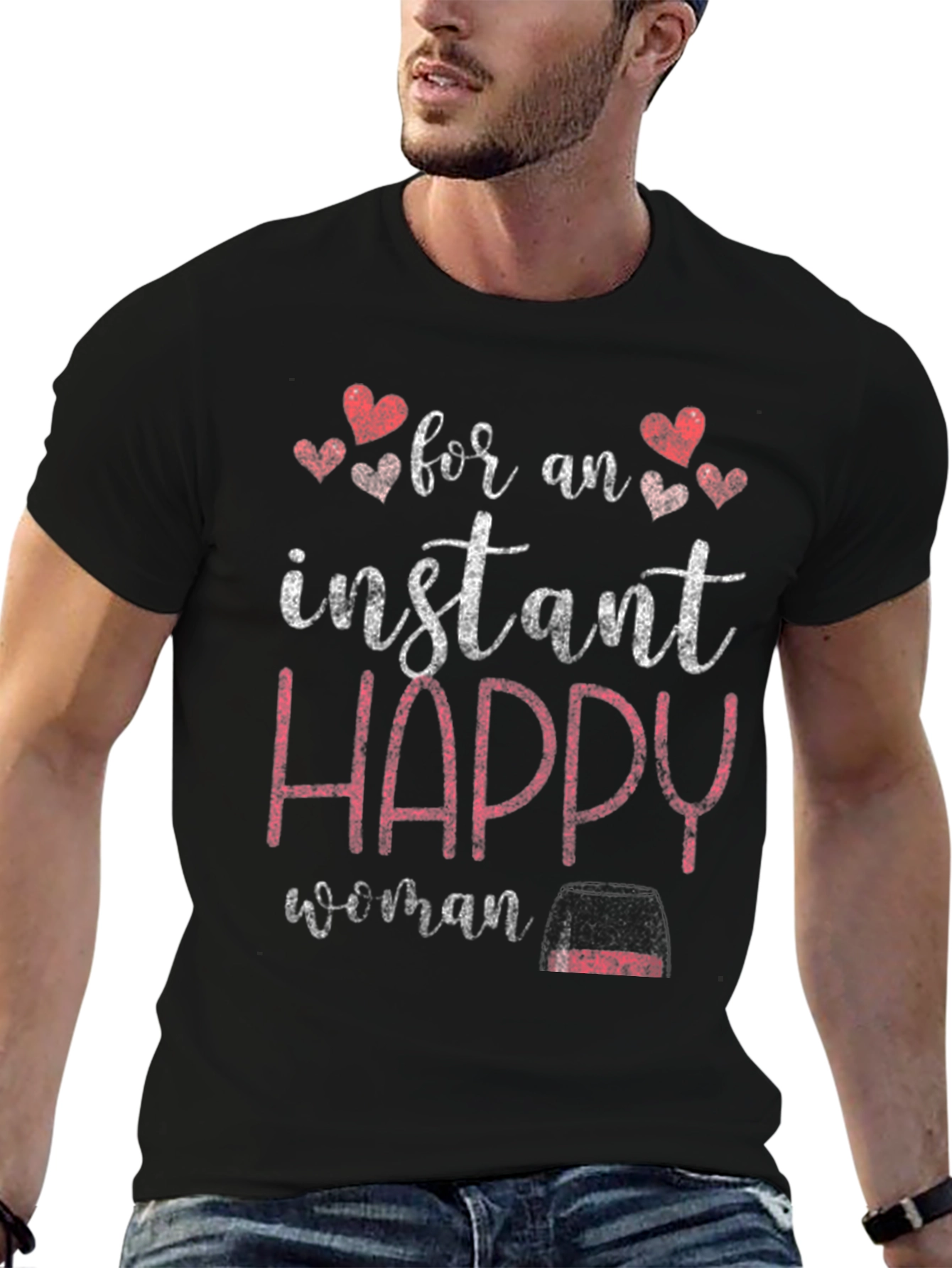 Black Instant Happy Woman T-Shirt - Novelty Graphic Tee view 6