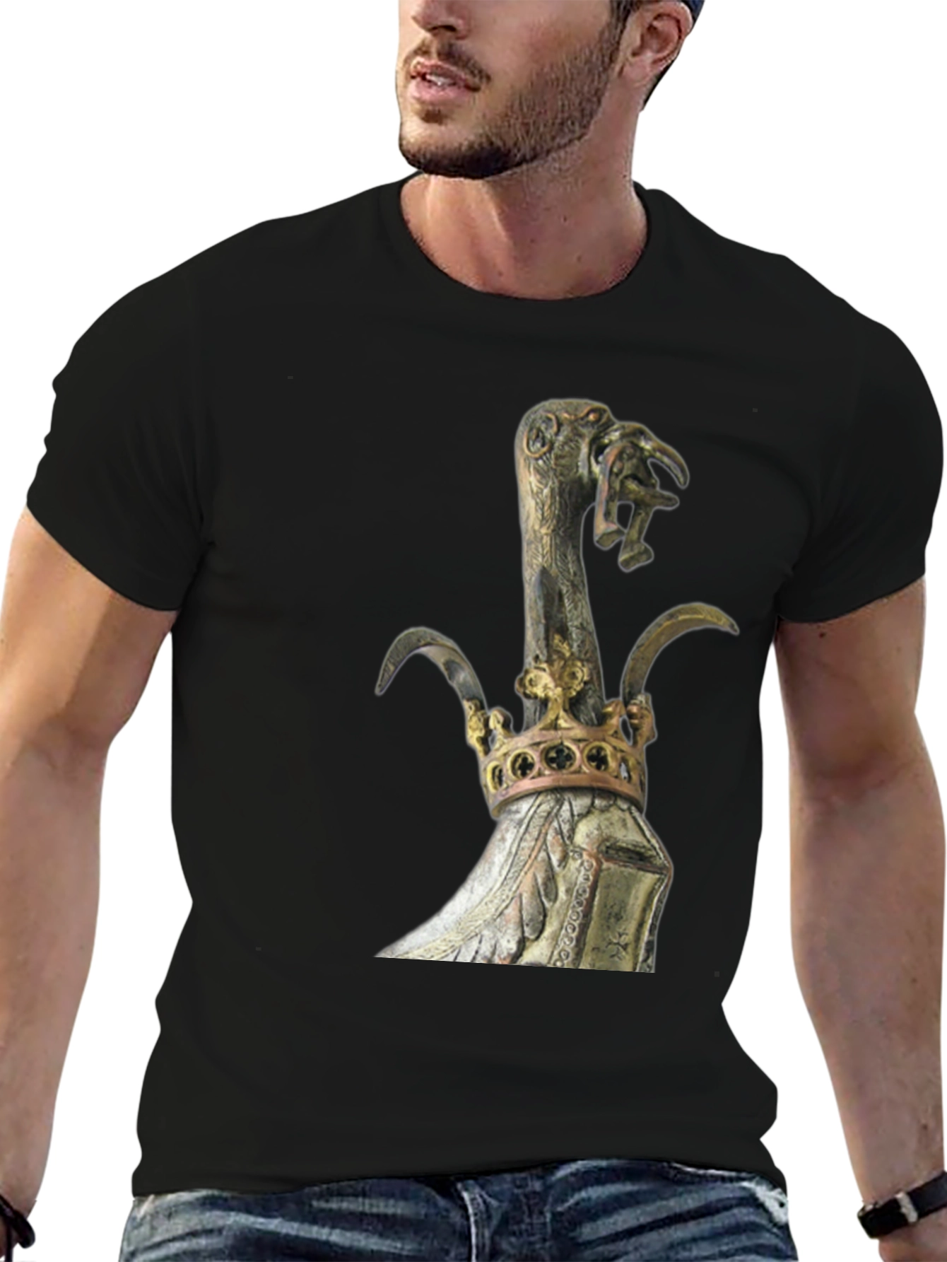 Black Black T-Shirt with Ornate Crown and Bird Scepter Design view 6