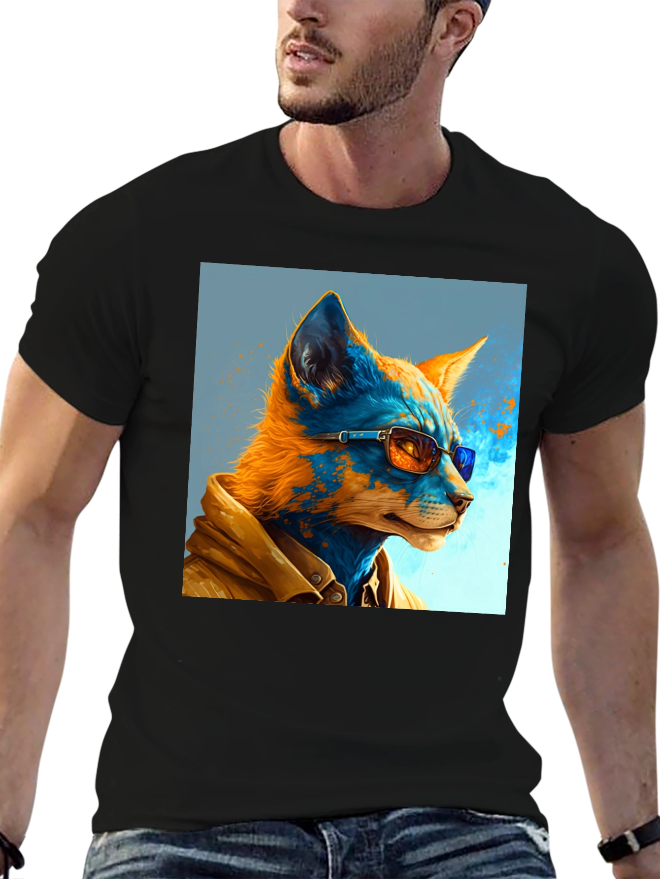 Black Stylish Fox Art Graphic Tee - Unisex Black T-Shirt view 6