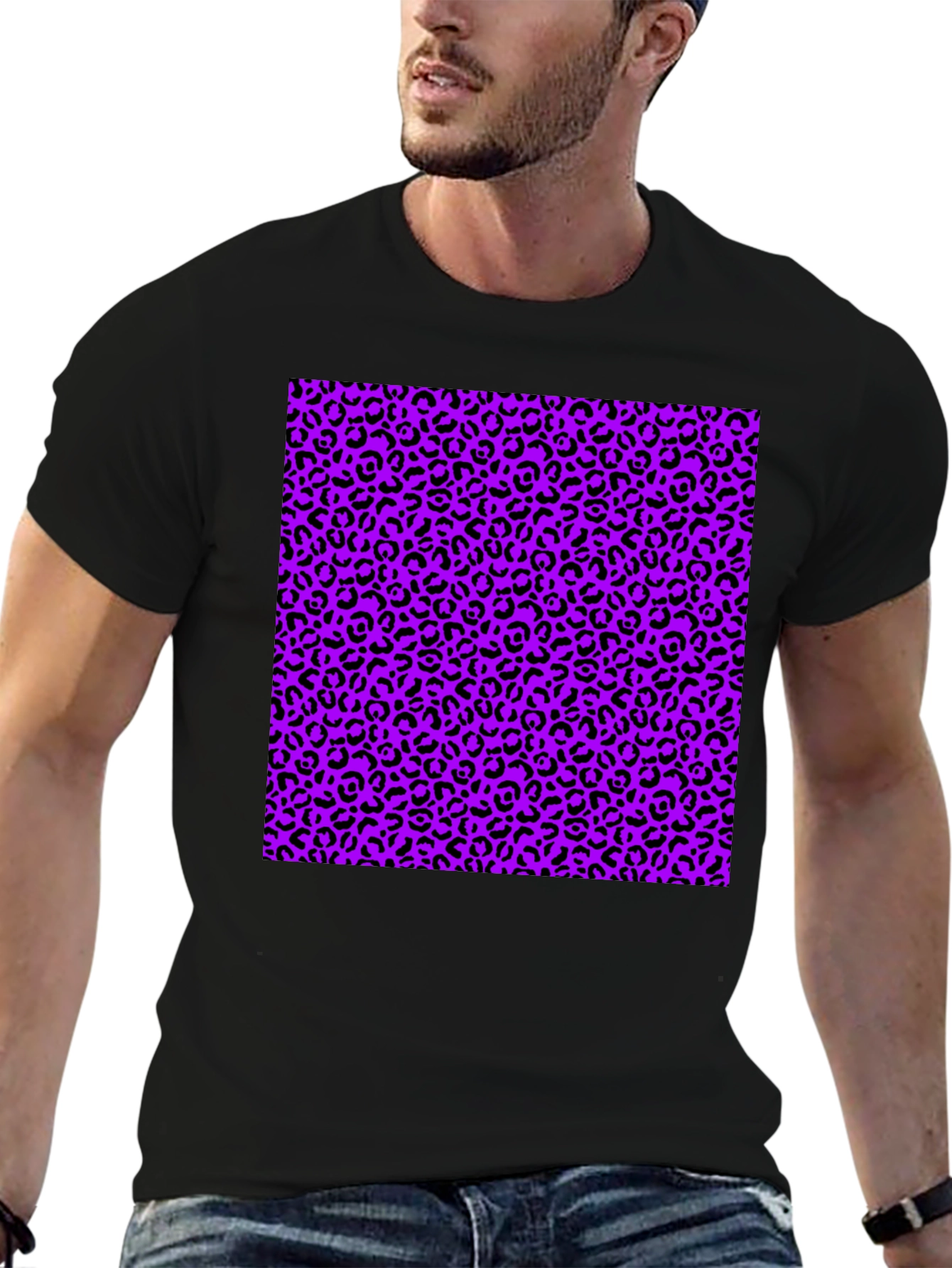 Black Black Tee with Purple Leopard Print Design view 6