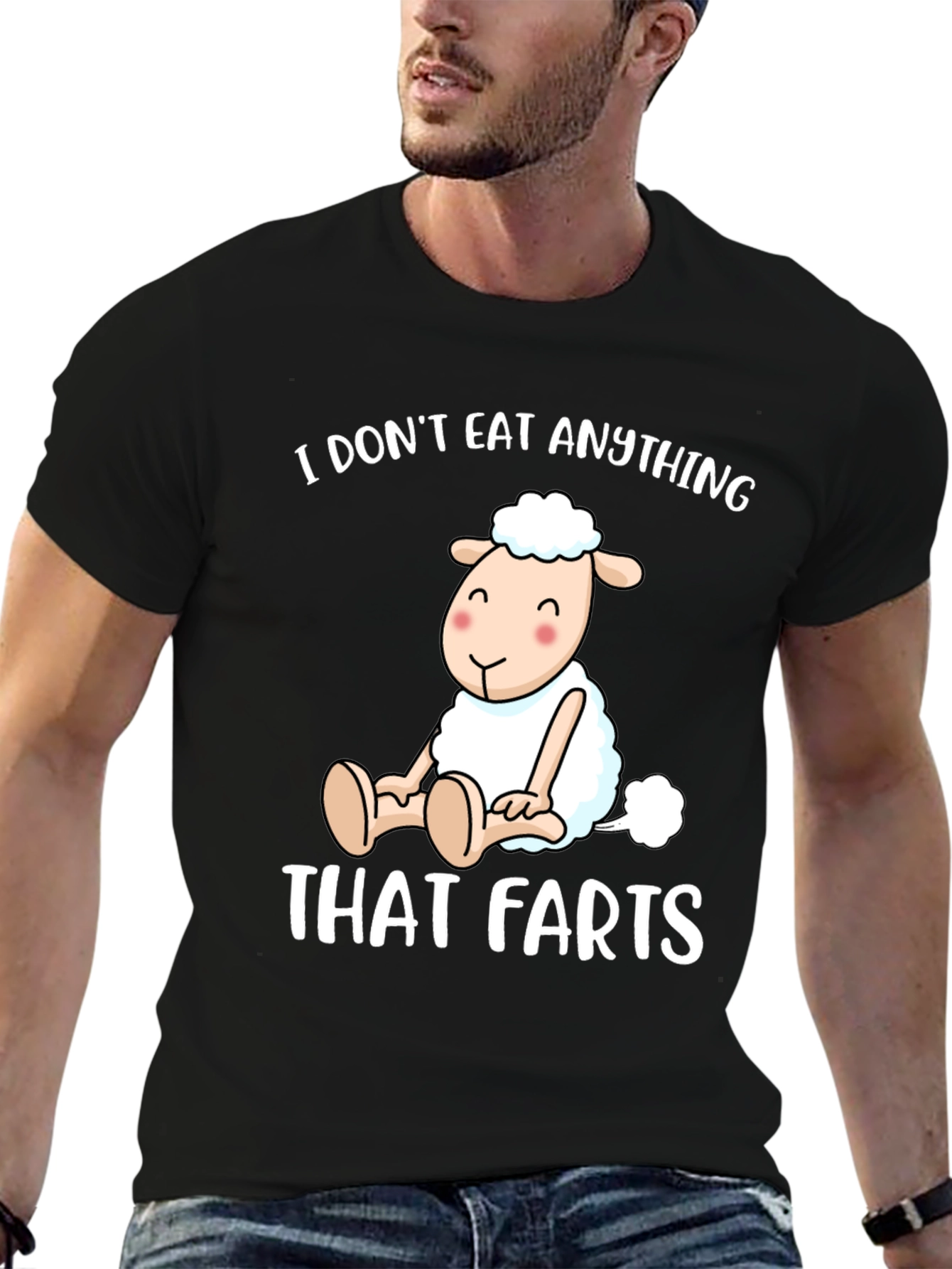 Black Vegan Sheep T-Shirt - I Don't Eat Anything That Farts view 6