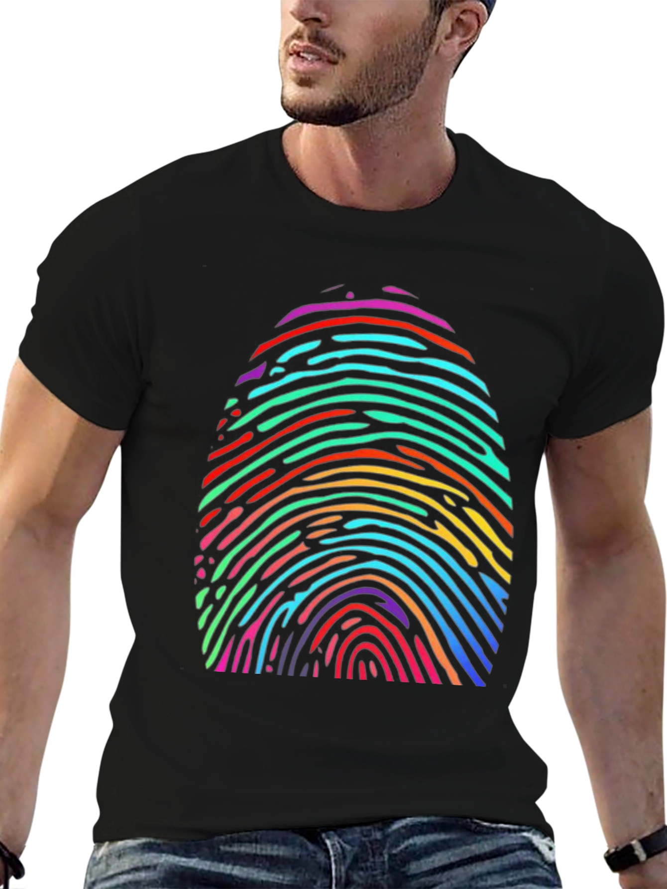Black Rainbow Fingerprint Graphic Tee - Unique & Colorful view 6