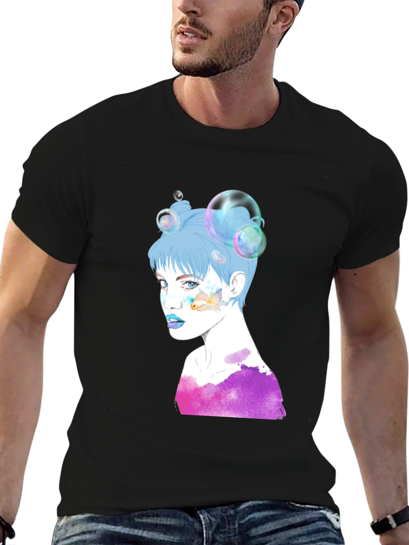 Black Unique Graphic Print Crew Neck T-Shirt view 6