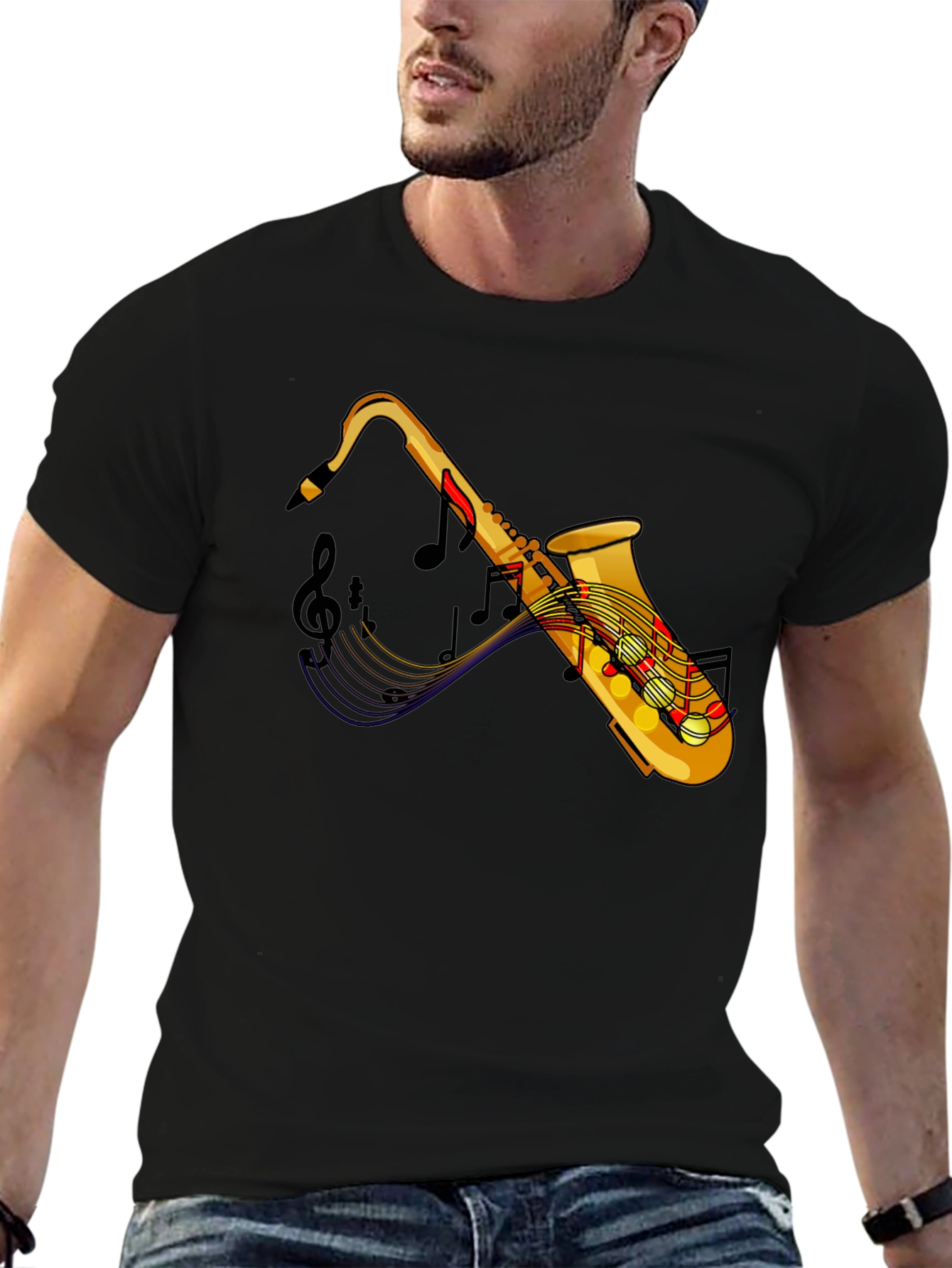 Black Saxophone Music Notes Graphic Black Tee Shirt view 6