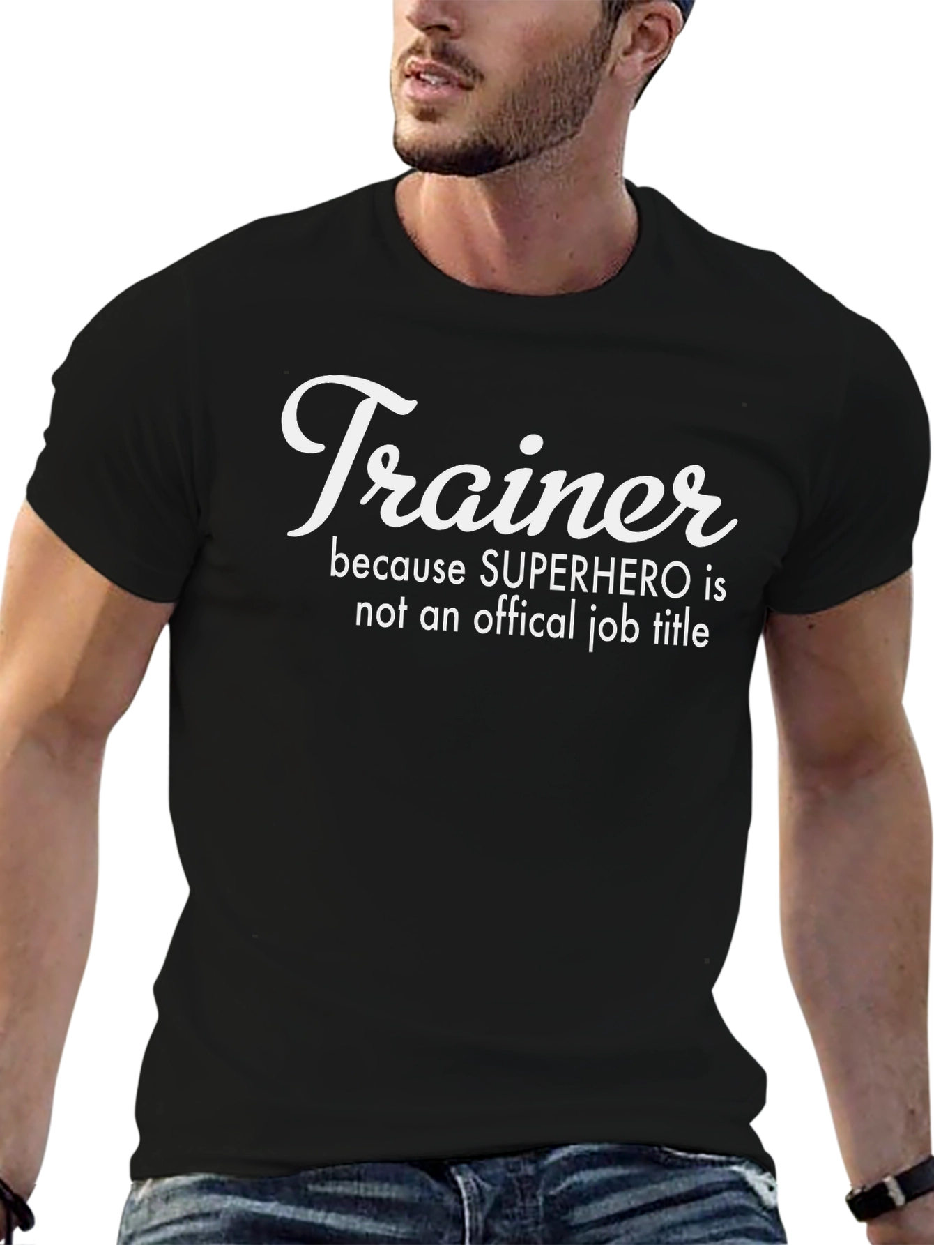 Black Trainer Superhero Job Title Funny T-Shirt view 6