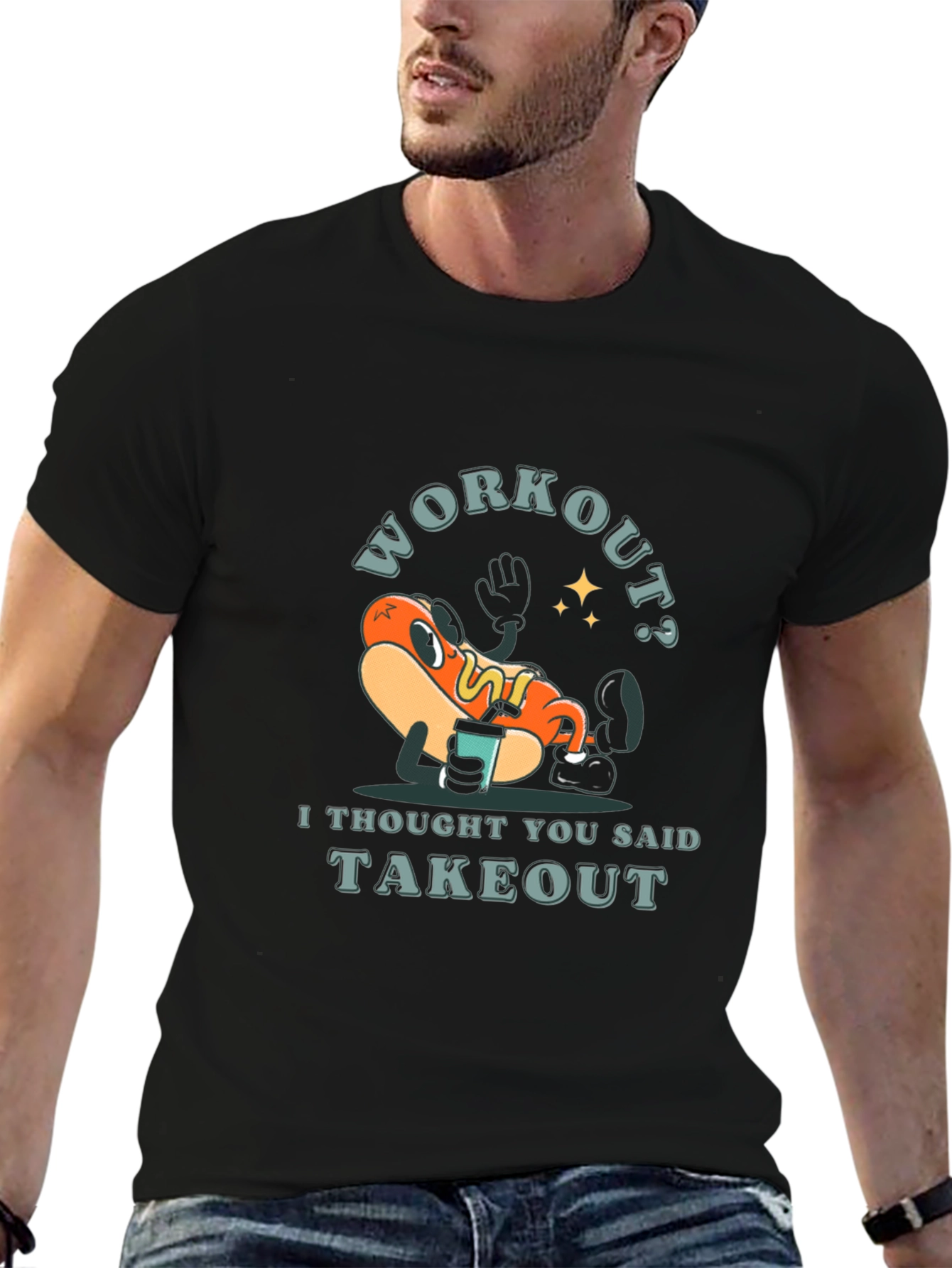Black Workout? Takeout Hotdog Graphic T-Shirt view 6