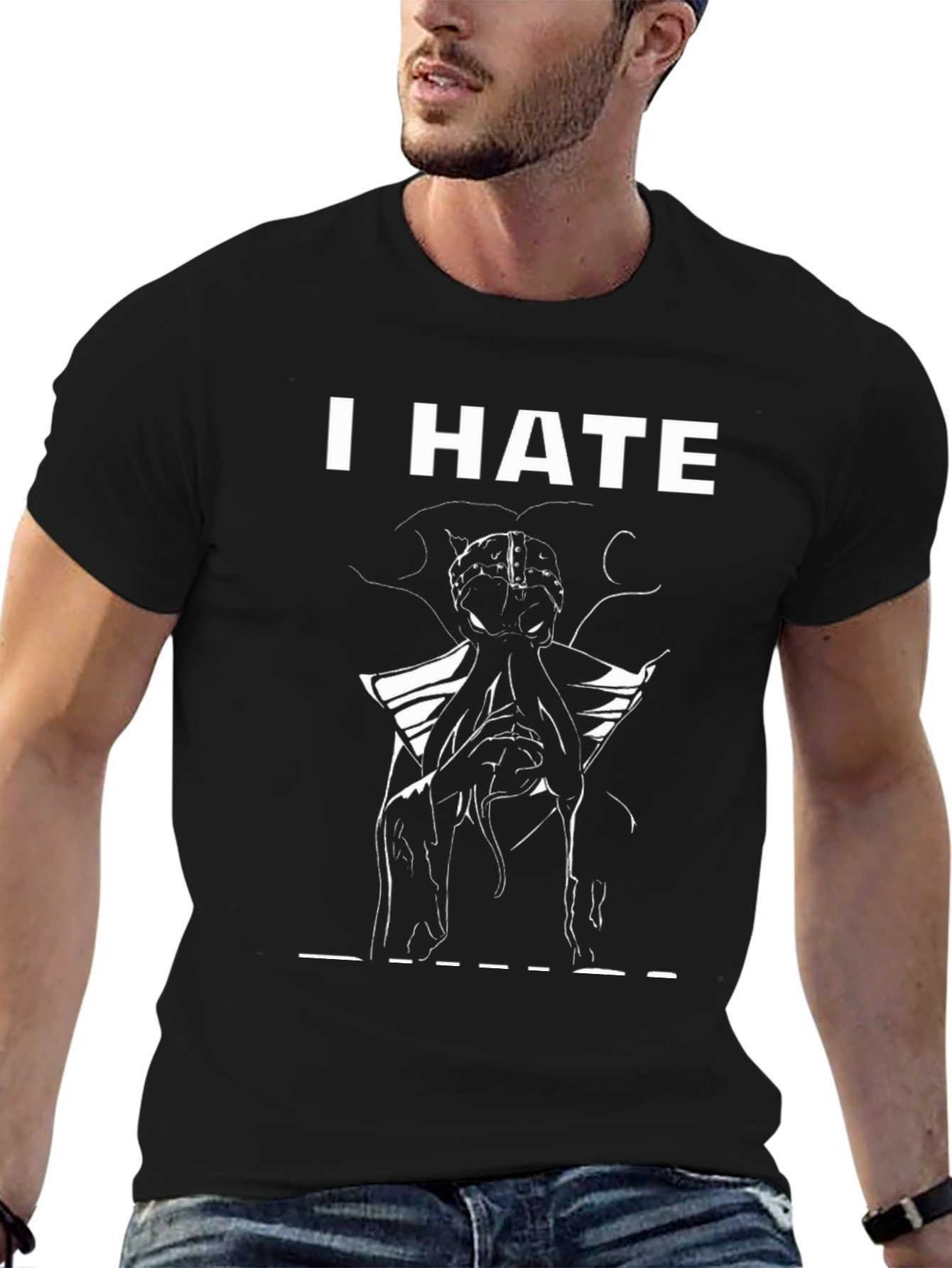 Black I HATE Brain Octopus Tee - Black Graphic T-Shirt view 6