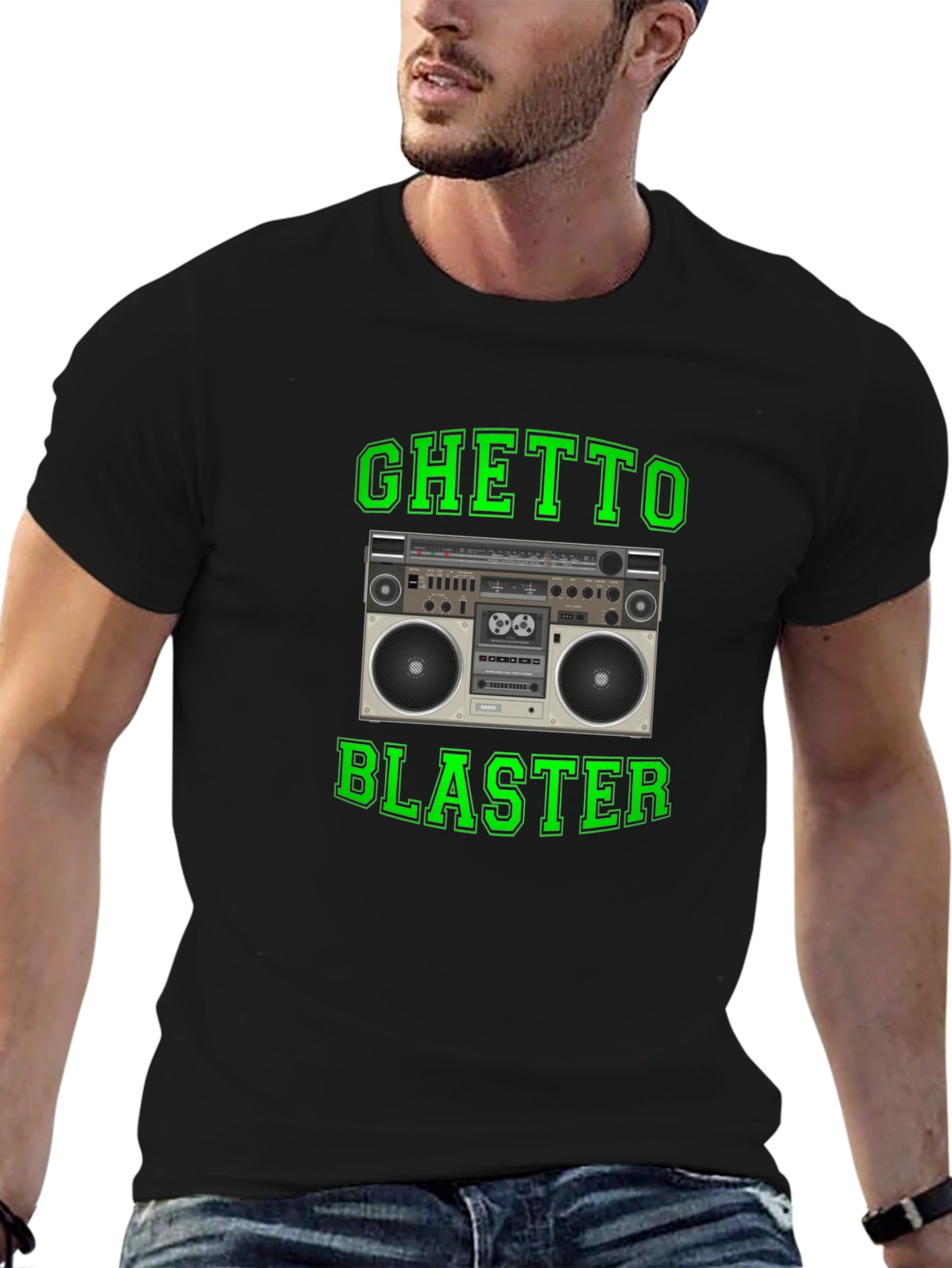 Black Ghetto Blaster Retro Boombox Graphic T-Shirt view 6