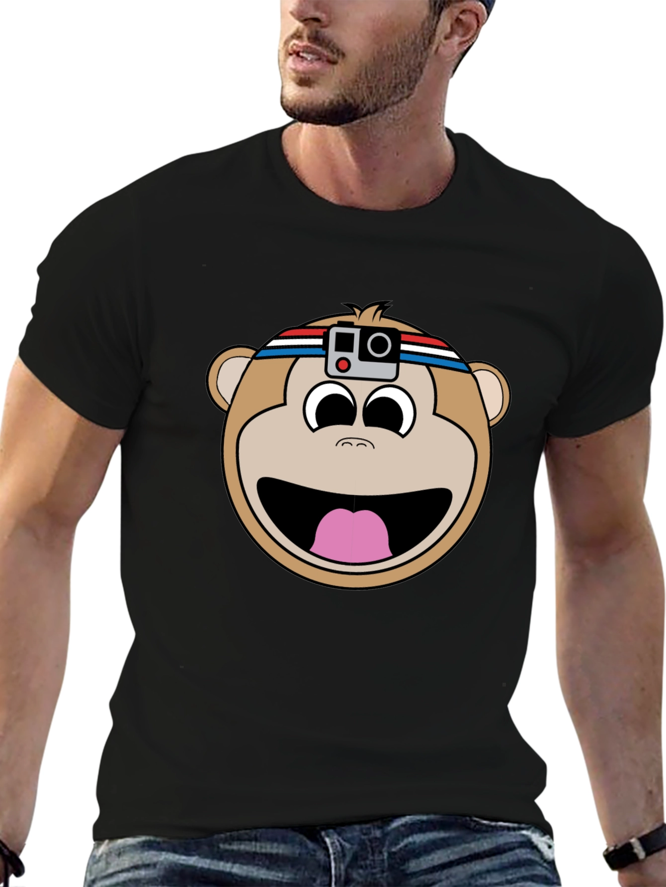 Black Funny Monkey with Camera T-Shirt view 6