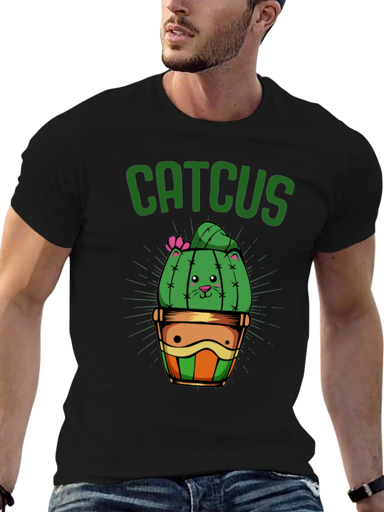 Black Catcus T-Shirt - Funny Cat Cactus Graphic Tee view 6