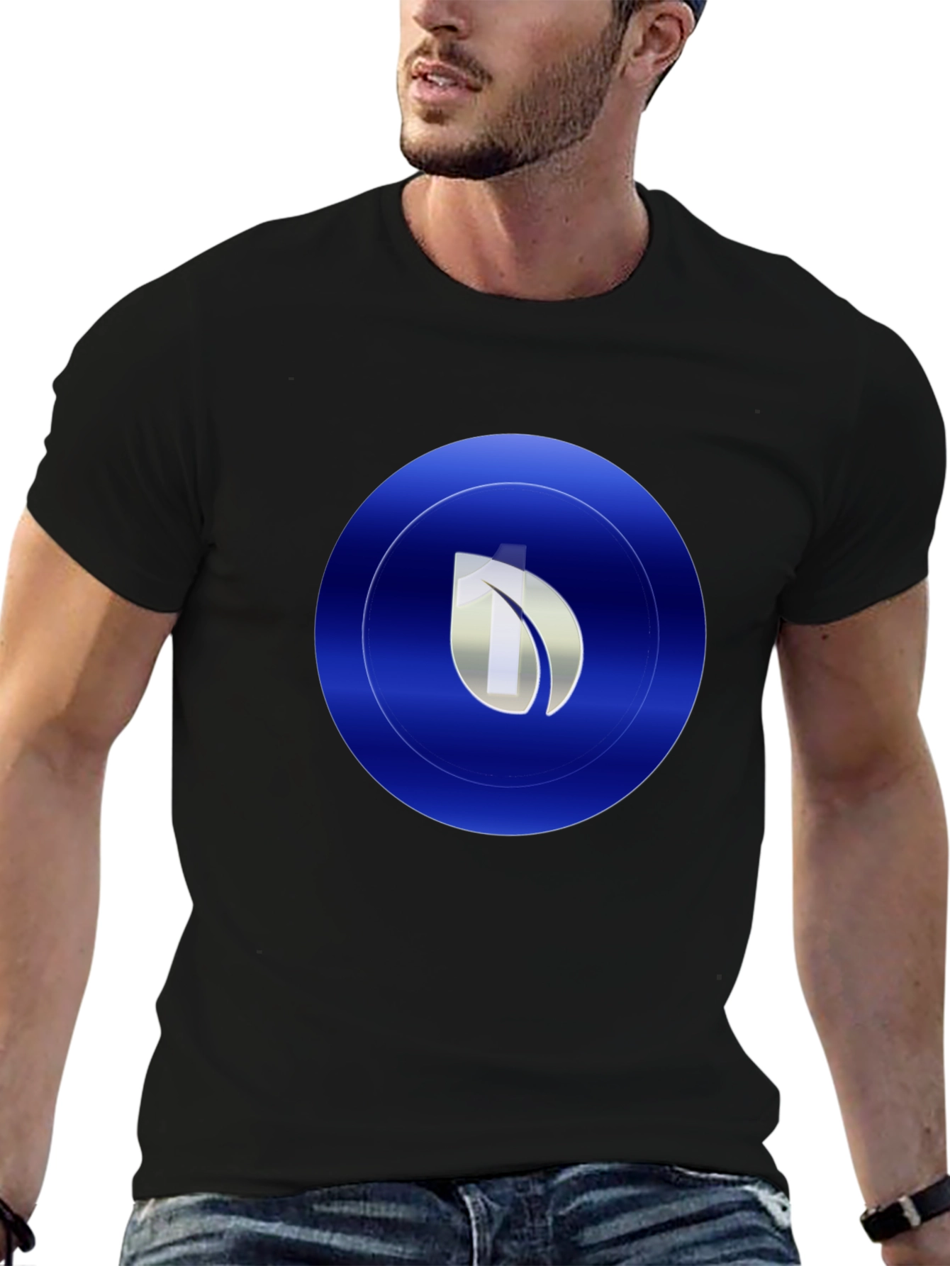 Black Modern Blue Leaf Circle Graphic Print Black T-Shirt view 6