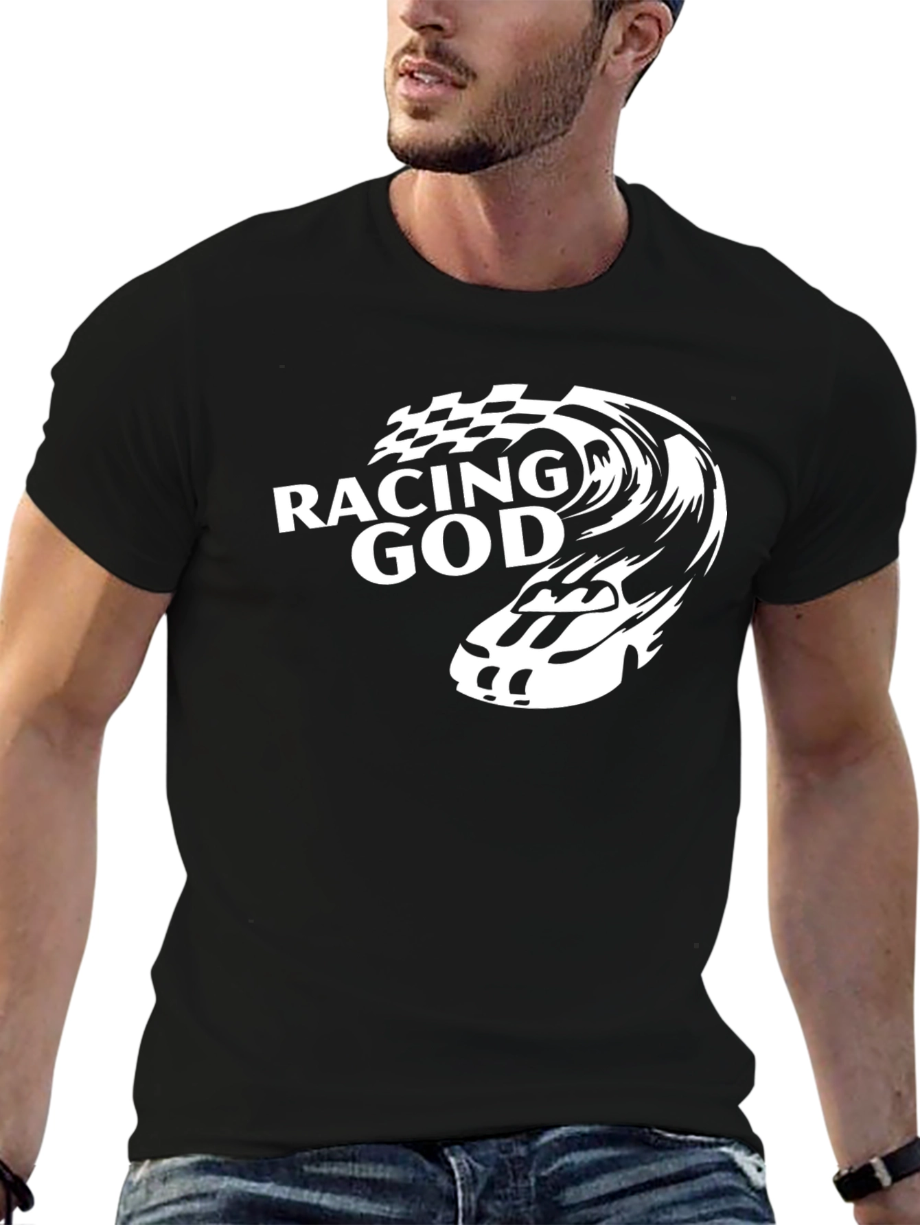 Black Racing God Graphic Tee - Black Cotton T-Shirt view 6