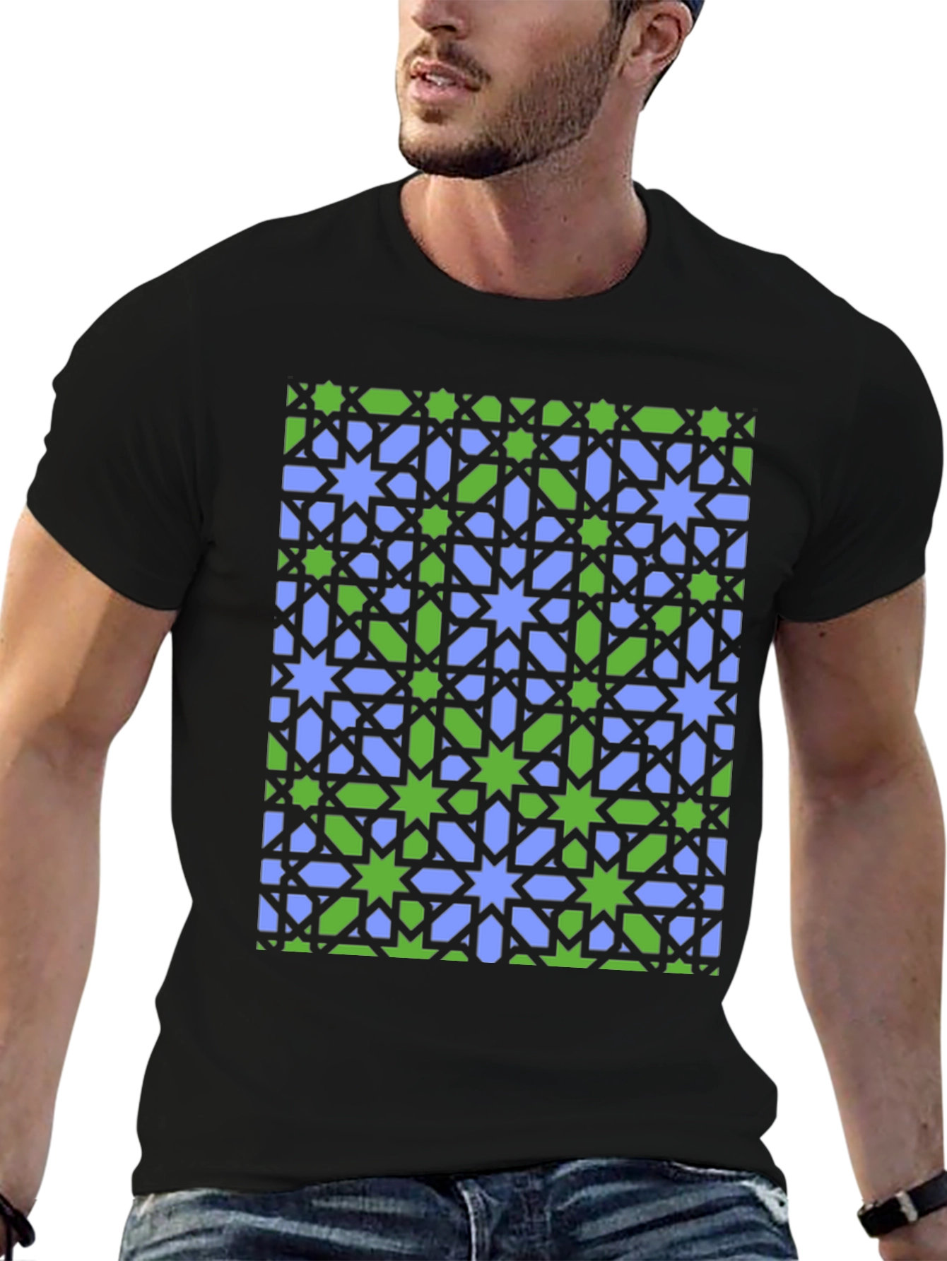 Black Geometric Star Pattern T-Shirt view 6