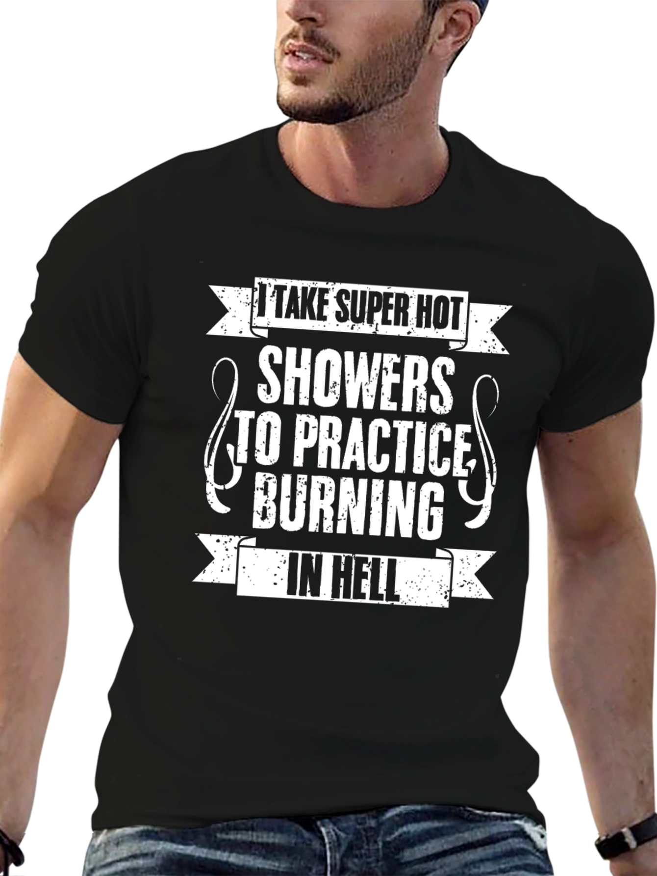 Black I Take Super Hot Showers Funny Graphic T-Shirt view 6