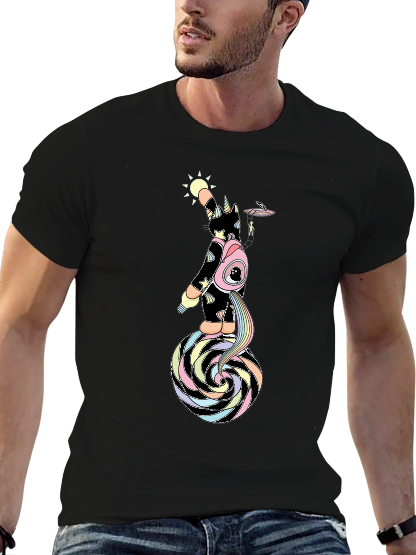 Black Unicorn UFO Rainbow Swirl Graphic Tee - Men's Black T-Shirt view 6