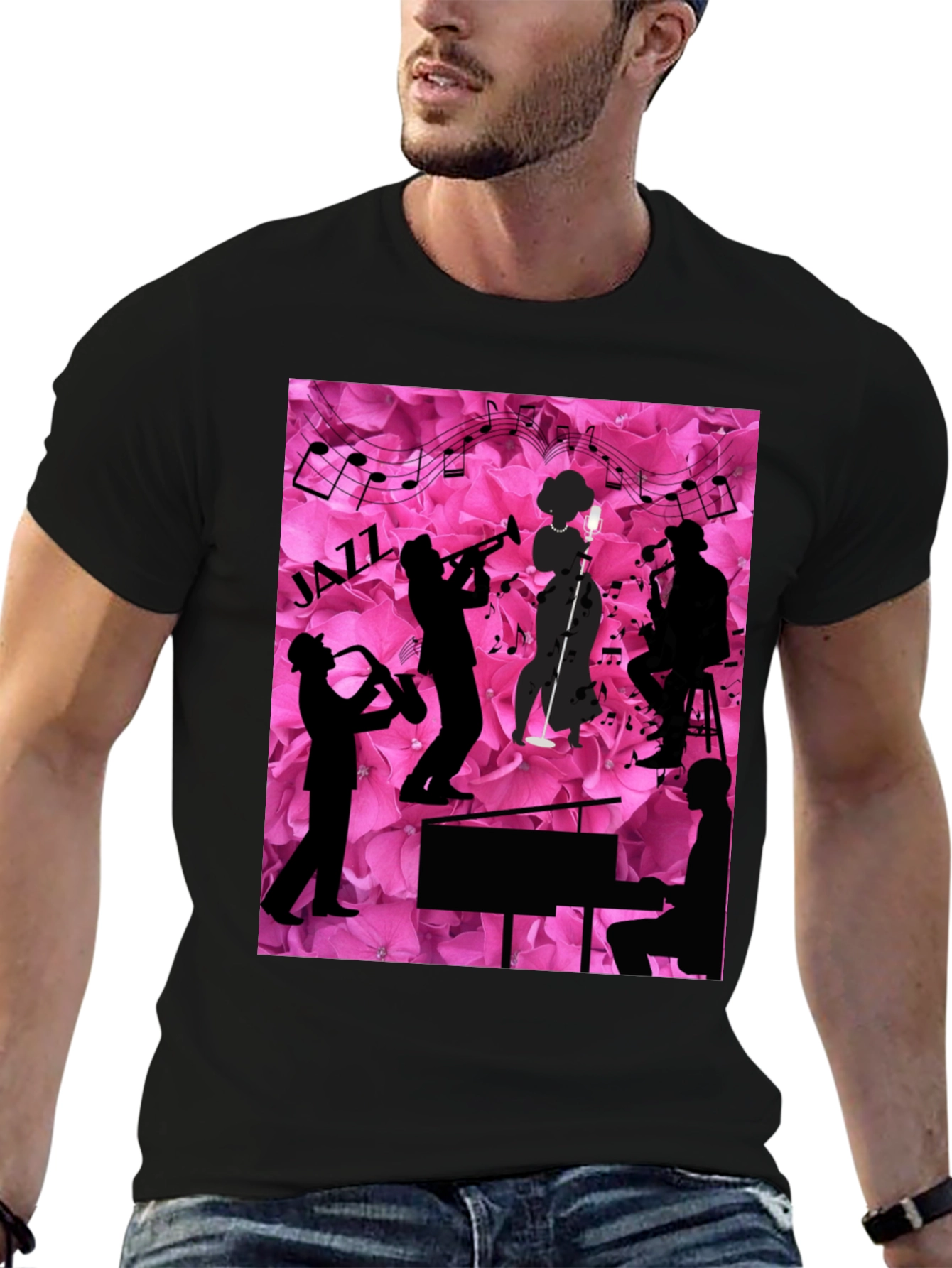 Black Jazzy Floral T-Shirt - Music Lover's Tee view 6