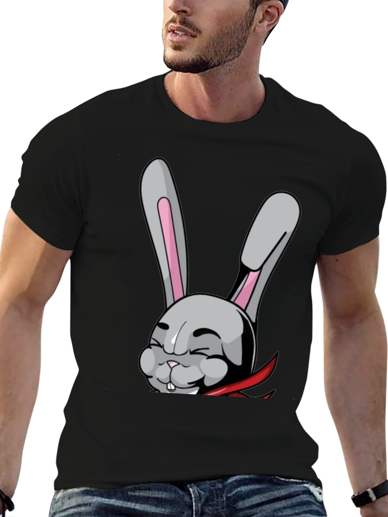 Black Black T-Shirt with Funny Cartoon Rabbit Design view 6