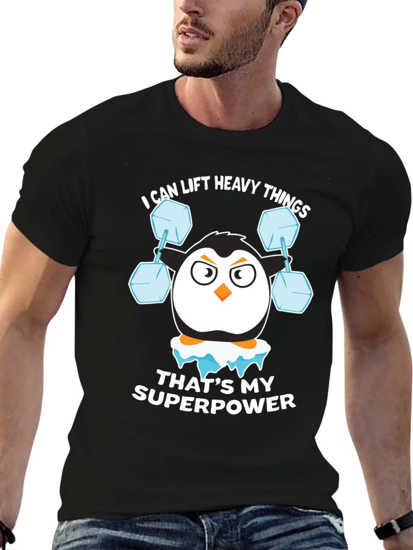 Black Penguin Lifting Weights Funny T-Shirt view 6