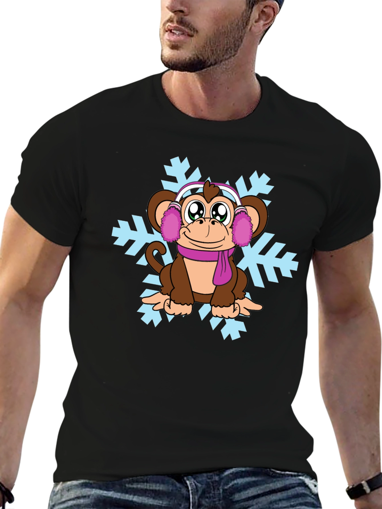 Black Winter Monkey T-Shirt - Cute Cartoon Design view 6