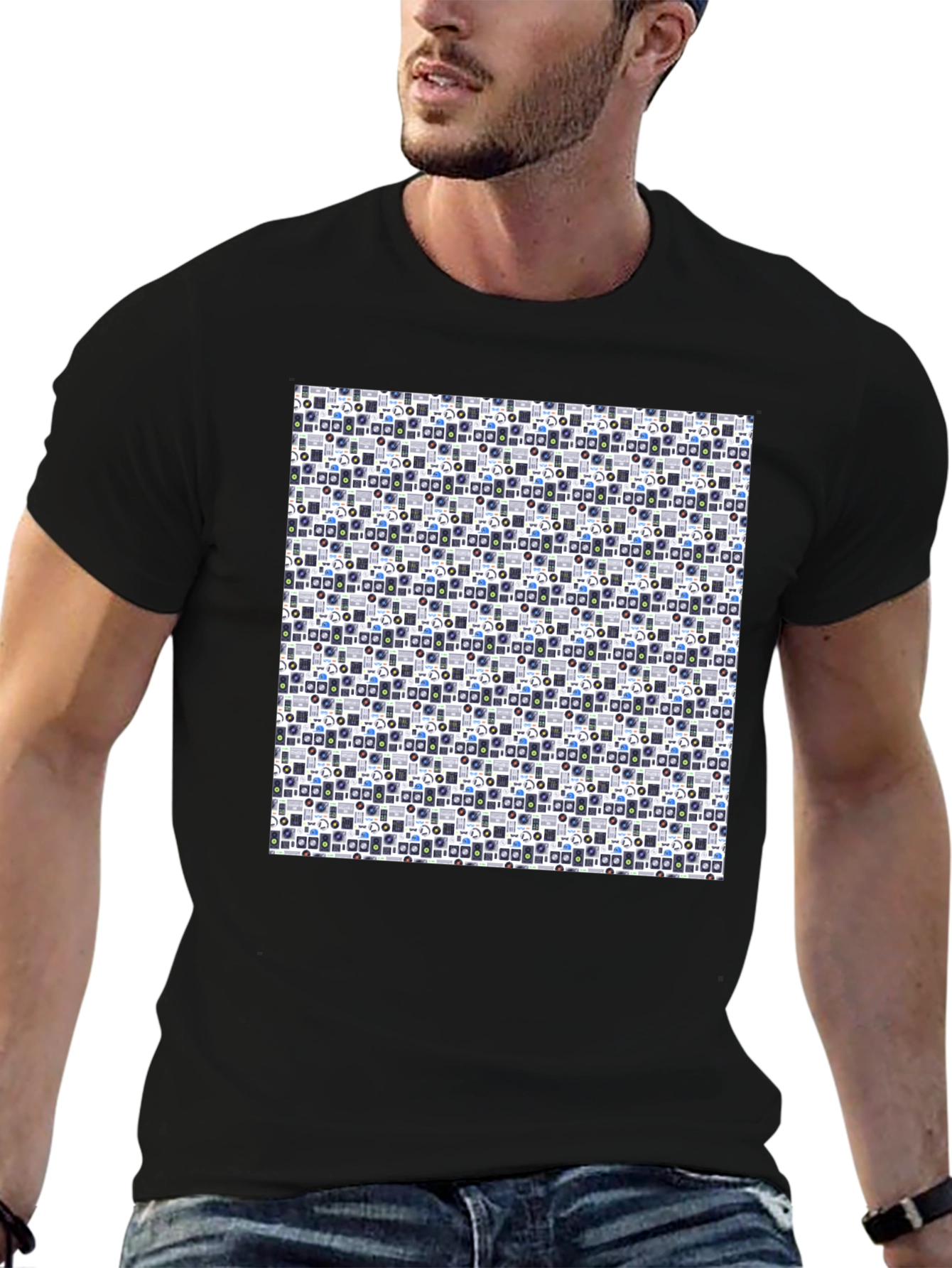 Black Retro Geometric Pattern Black T-Shirt view 6