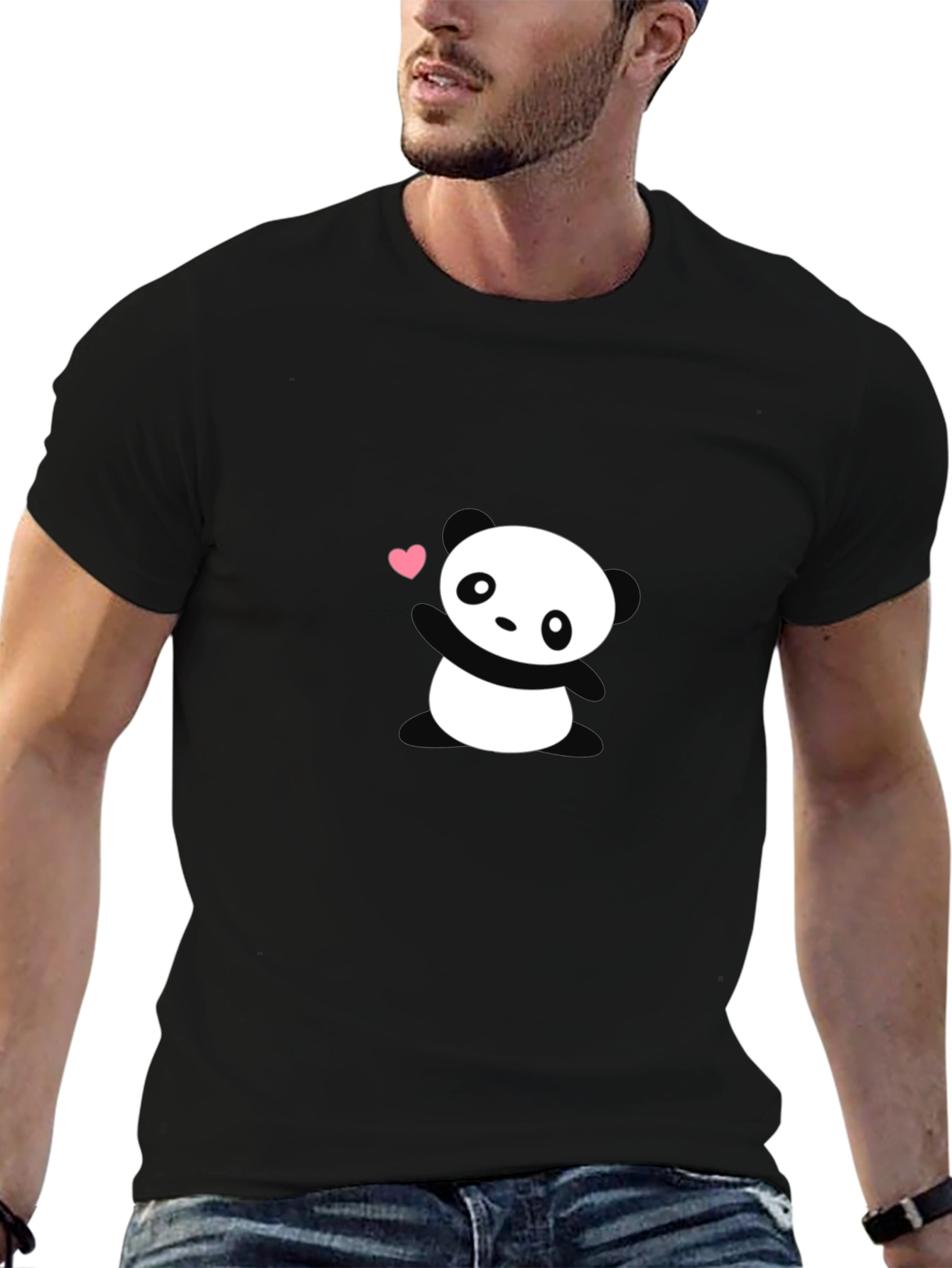Black Cute Panda Heart Graphic Black T-Shirt view 6