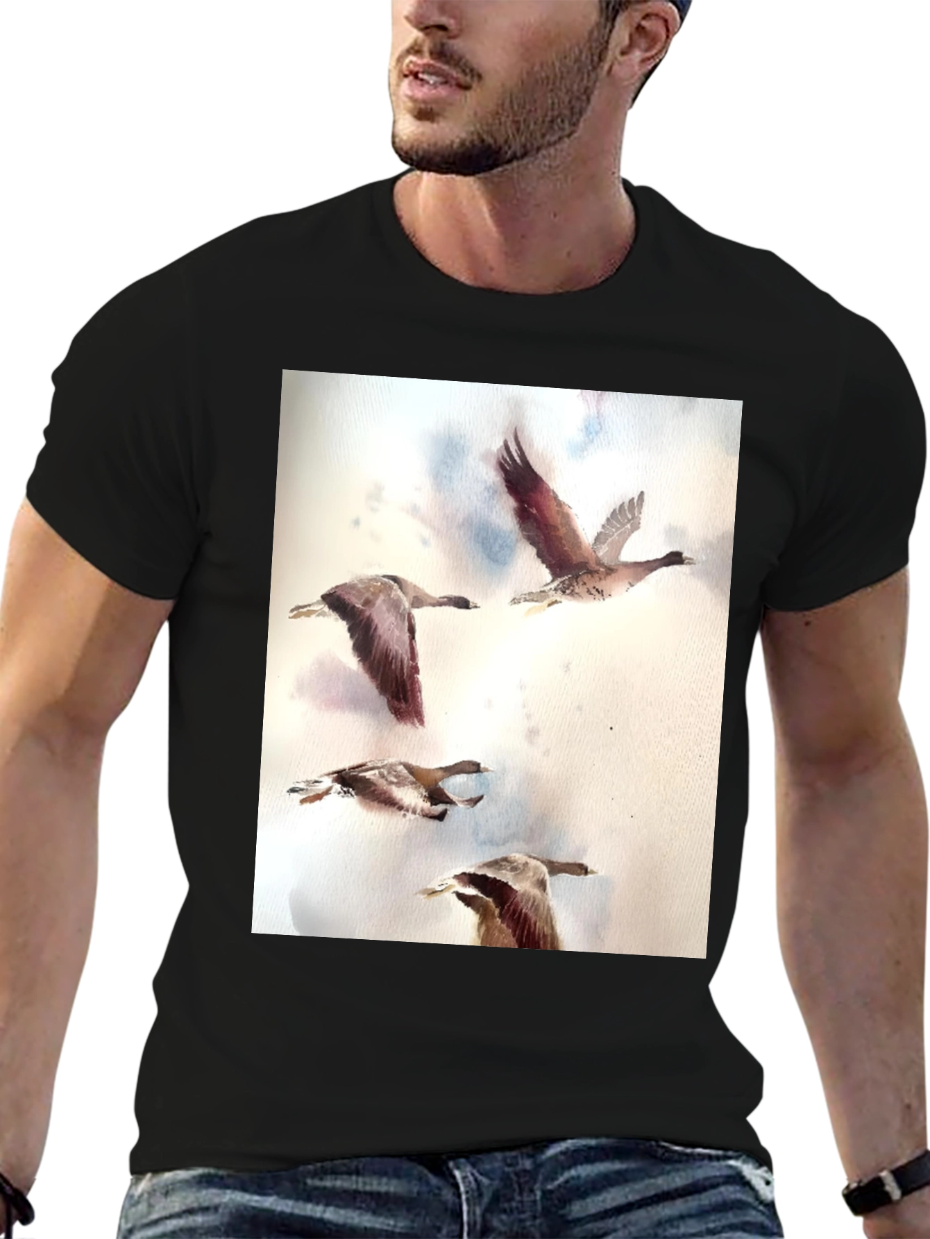 Black Watercolor Ducks Black T-Shirt view 6