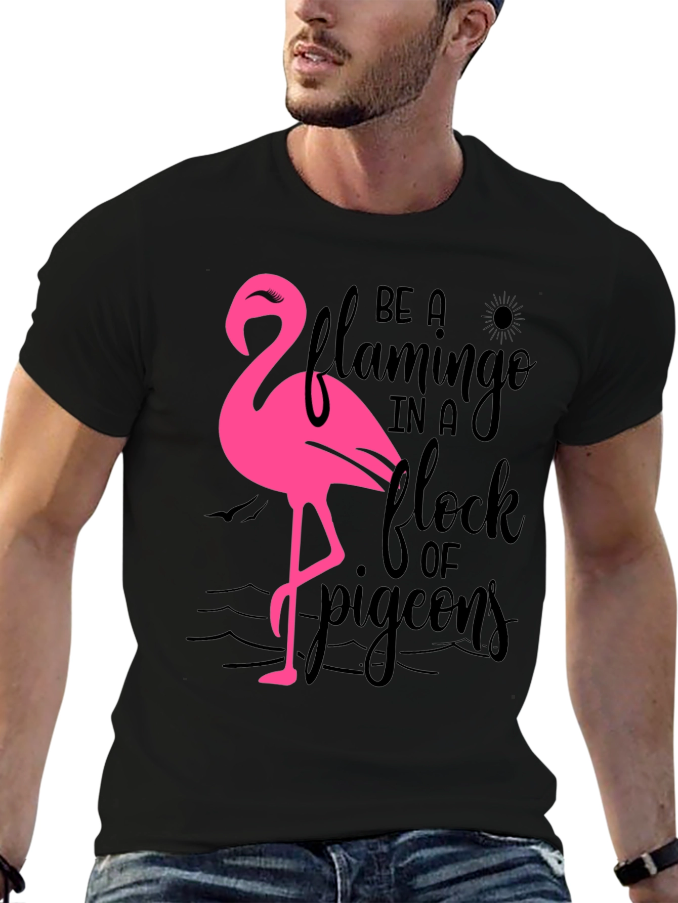 Black Be a Flamingo T-Shirt, Black Cotton Tee view 6