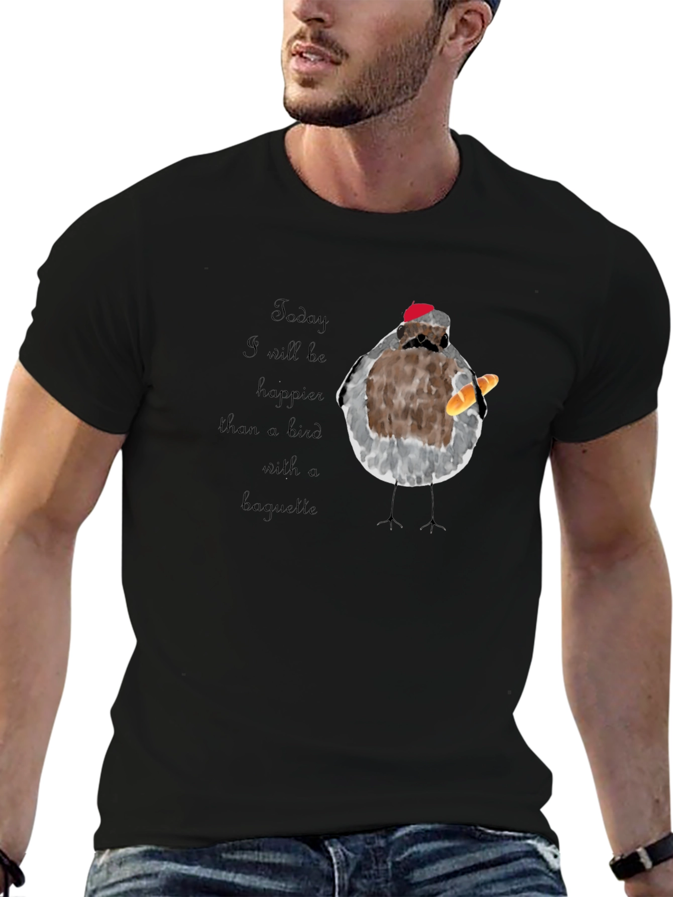 Black Bird with Baguette Graphic T-Shirt view 6