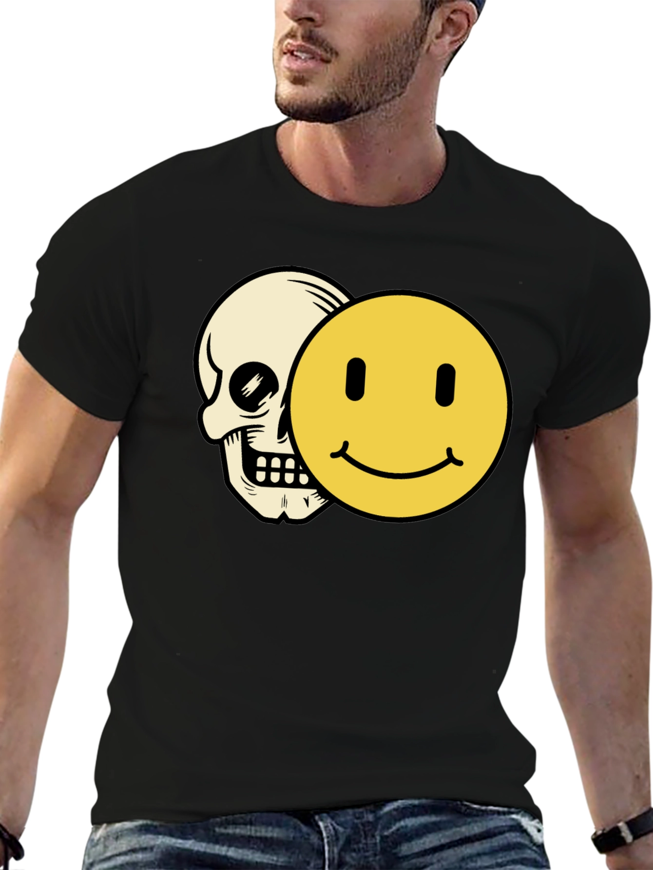 Black Skull Smiley Face Graphic Tee - Black Cotton T-Shirt view 6