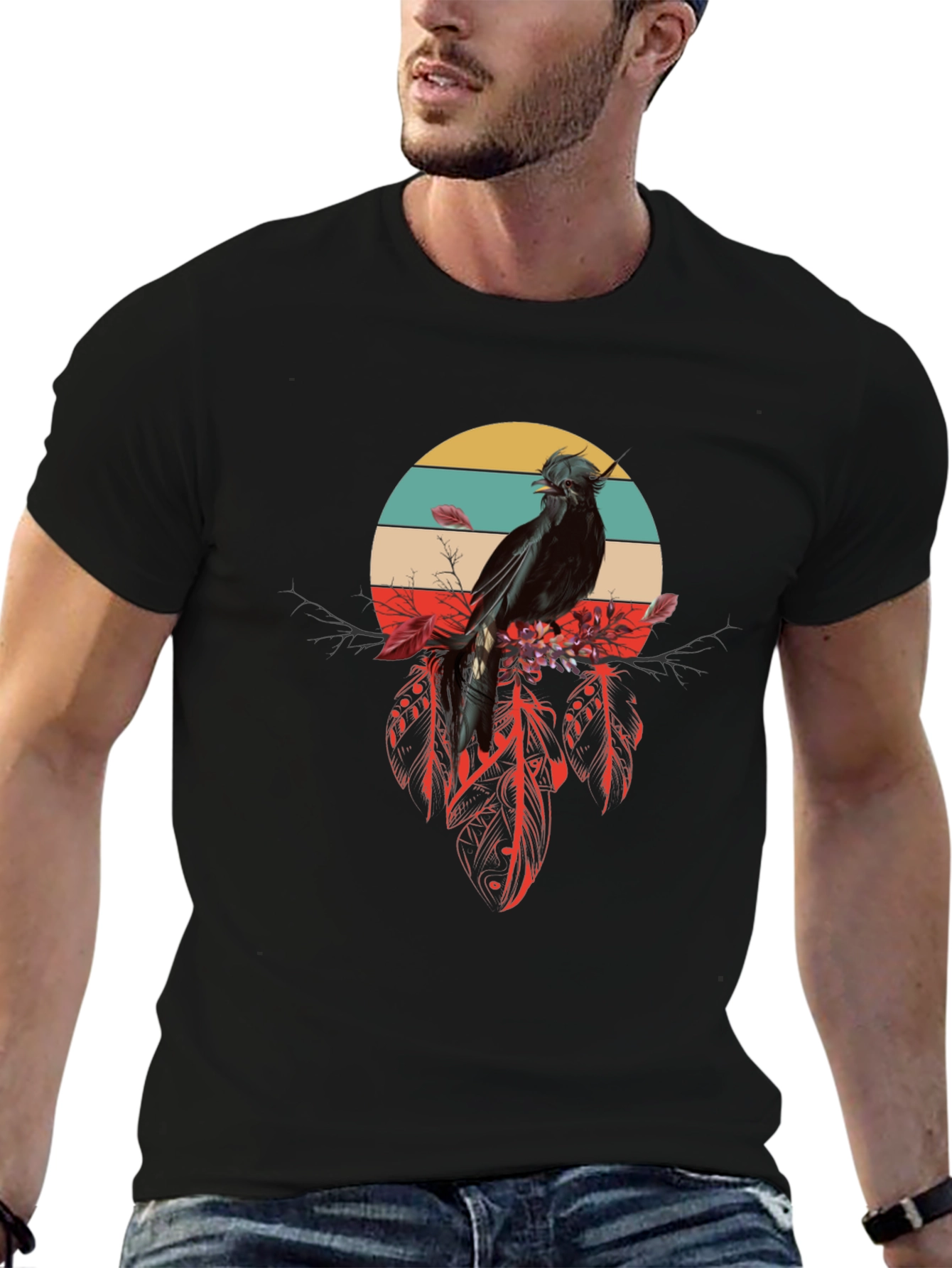 Black Raven Feather Dream T-Shirt - Retro Bird Design view 6