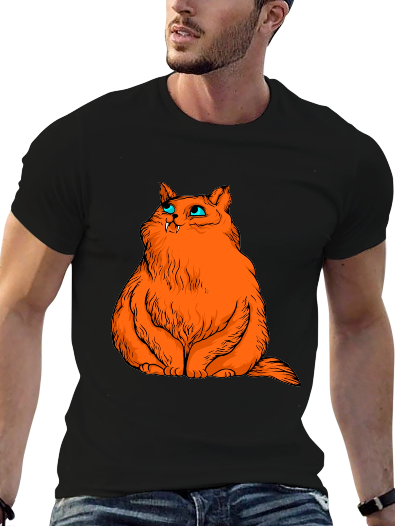 Black Orange Cat Graphic Tee - Black Cotton T-Shirt view 6
