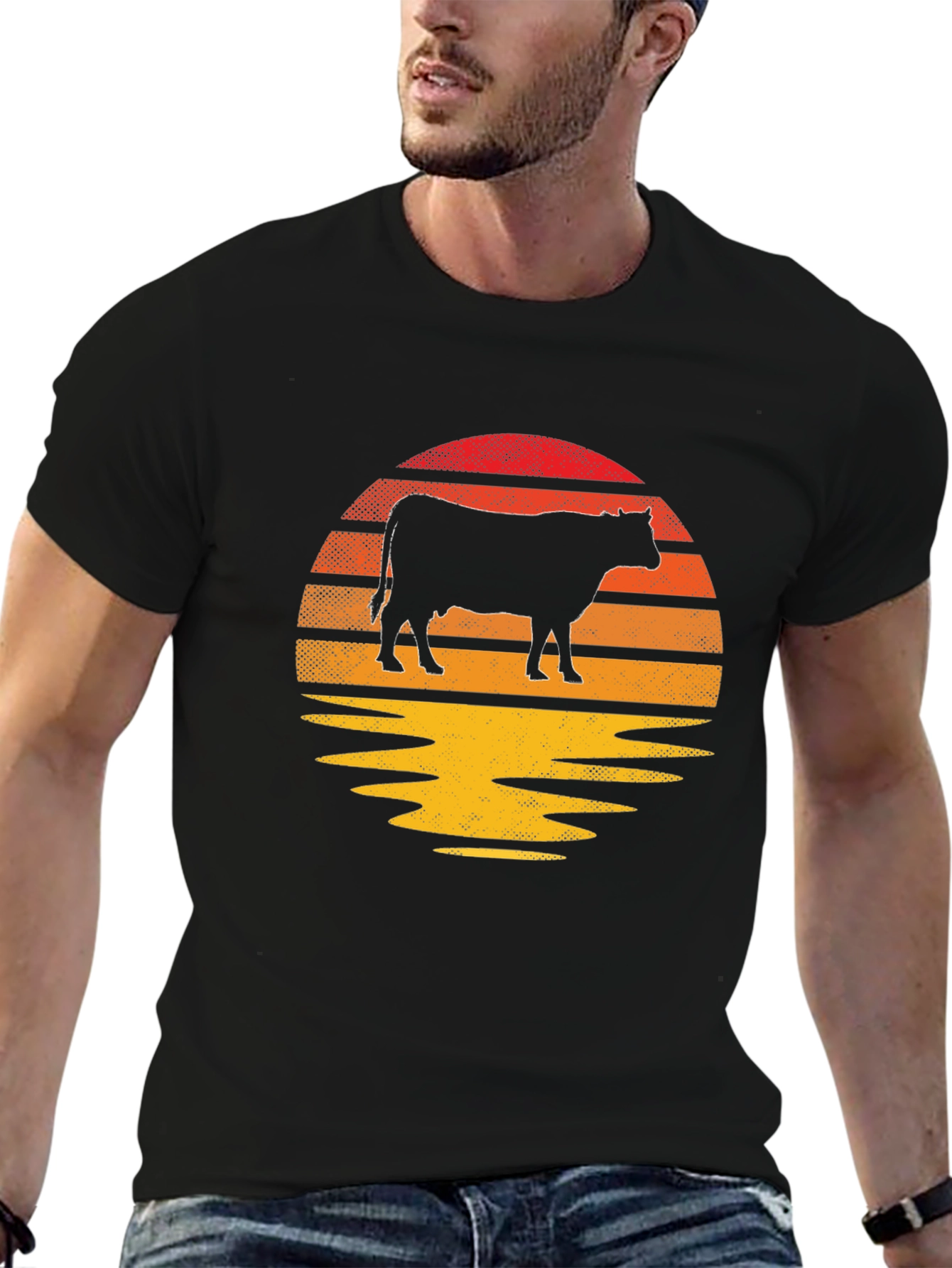 Black Retro Cow Sunset Graphic T-Shirt view 6