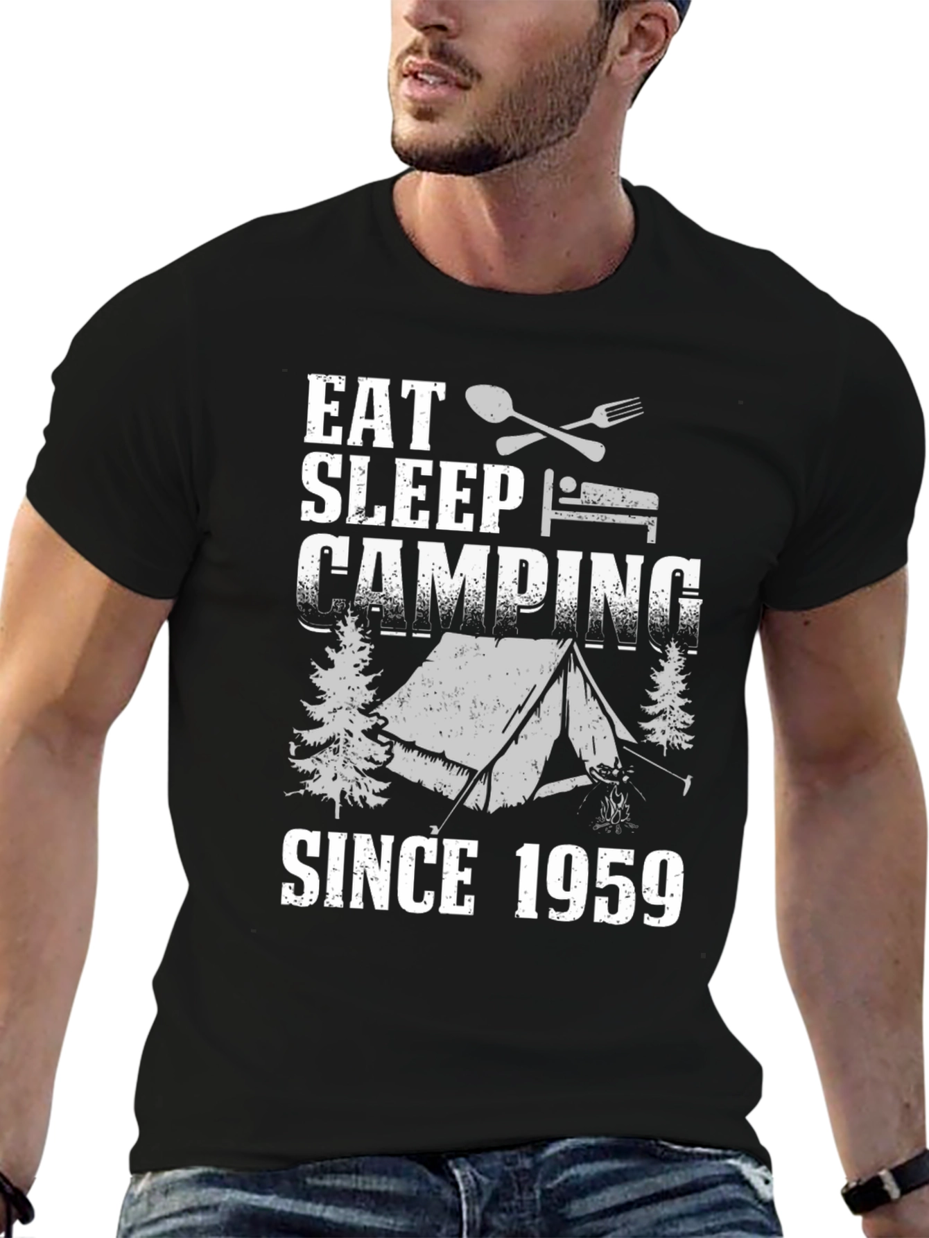 Black Eat Sleep Camping Since 1959 T-Shirt view 6