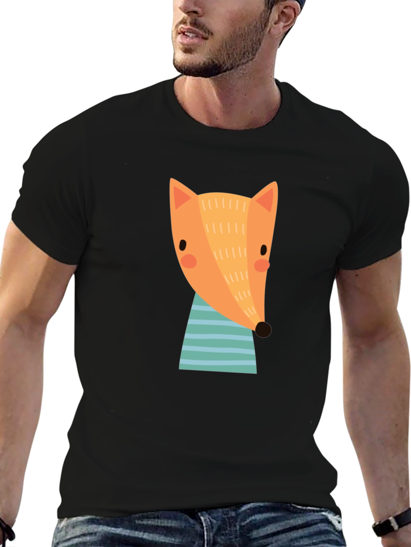 Black Cartoon Fox Graphic T-Shirt - Black Crew Neck view 6