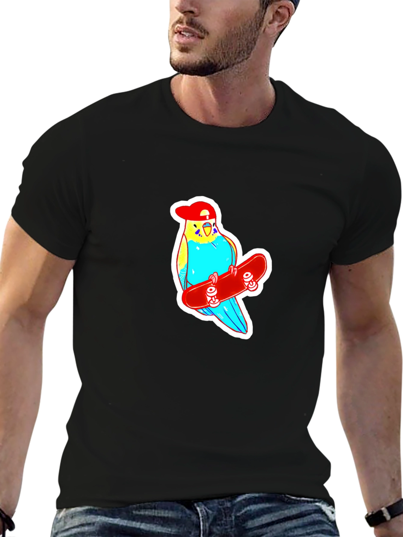 Black Skater Budgie T-Shirt - Cool Birdie Tee view 6