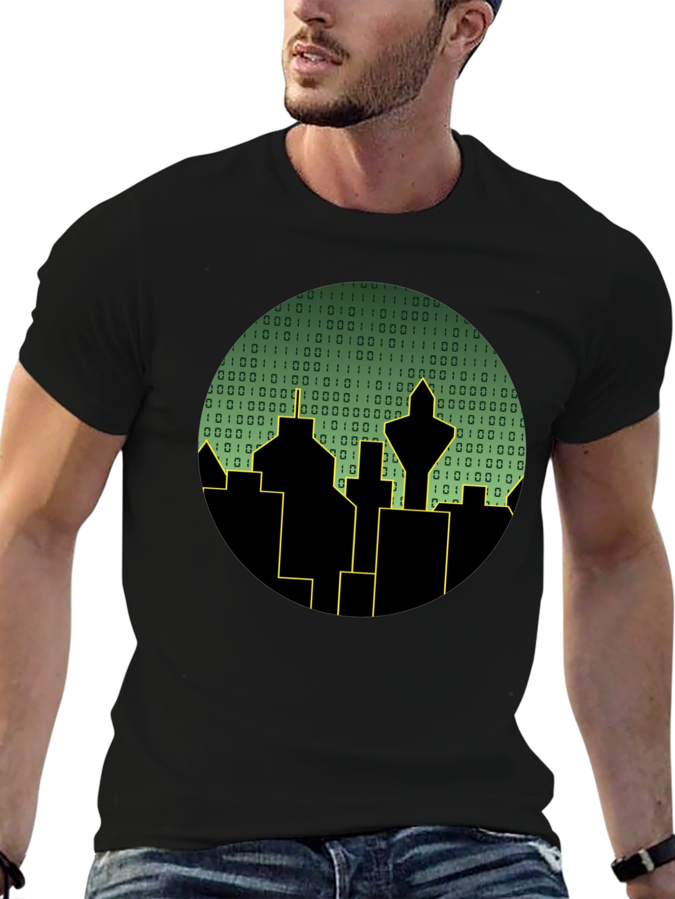Black Tech City T-Shirt - Binary Skyline view 6